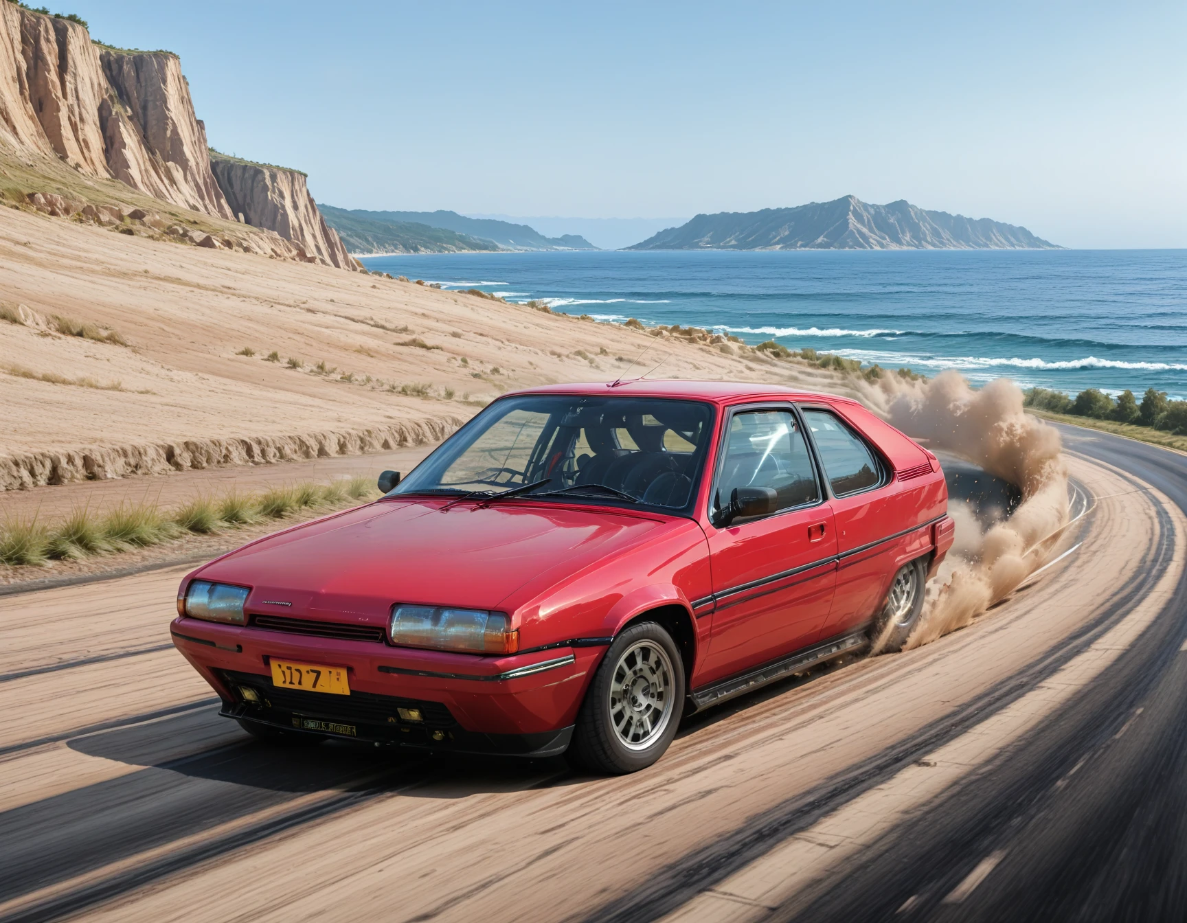 no human, ((citroen_bx)), citroen bx, red car, from side, dynamic shot, driving on small gravel road, cote d'azur, dramatic vista, sea, cliff, picturesque, super cool, speed, motion blur, dynamic, dust