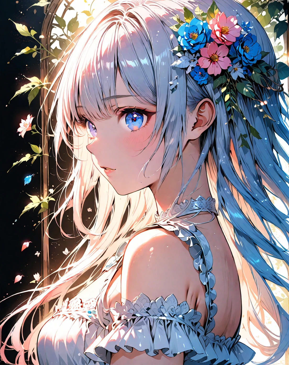 Noyu,O,1girl,solo,flower,long hair,blue eyes,looking at viewer,hair flower,hair ornament,blush,upper body,bangs,bare shoulders,pink flower,from side,breasts,dress,white flower,leaf,detached sleeves,white dress,parted lips,head wreath,white hair,looking to the side,frills,blue hair,medium breasts,