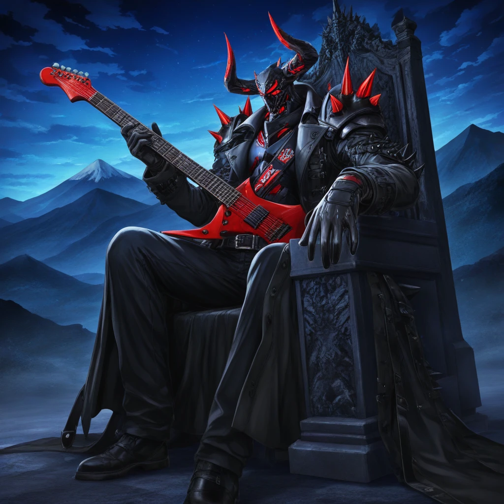 horns, holding, guitar, night sky, throne, shoulder spikes, open hand, night, holding gun, cloud, mountain, gloves, belt, long coat