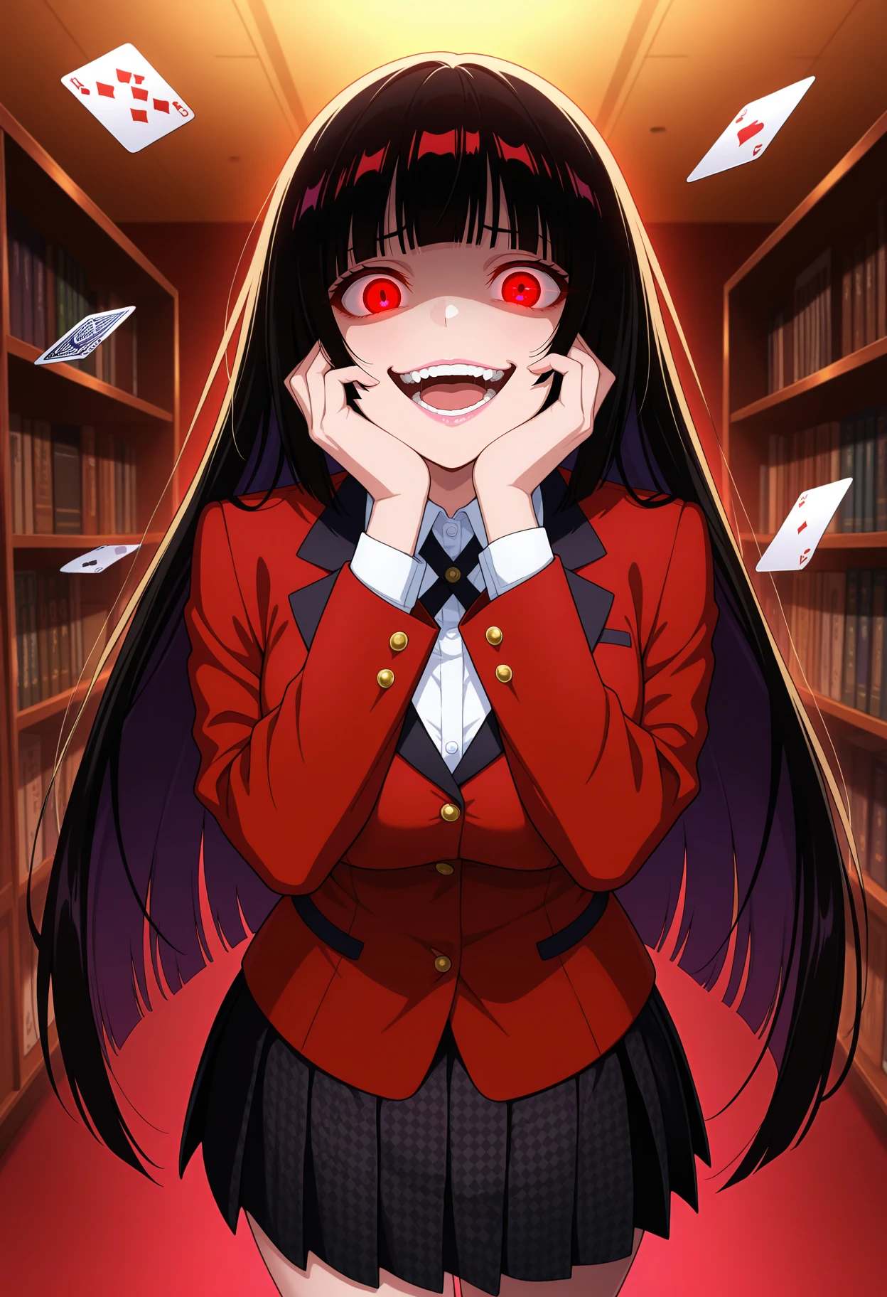masterpiece, best quality,
1girl, solo, open mouth, crazy smile, teeth,
jabami yumeko, hime cut, black hair, long hair, blunt bangs, glowing eyes, red eyes, pink lips,
black cross tie, collared shirt, white shirt, red jacket, checkered skirt, pleated skirt, black skirt,
hands on own cheeks, standing, looking at viewer,
indoors, playing cards, bookshelf
<lora:MegamiStyle_v0_3_IlluXL_Glora-000035:1>