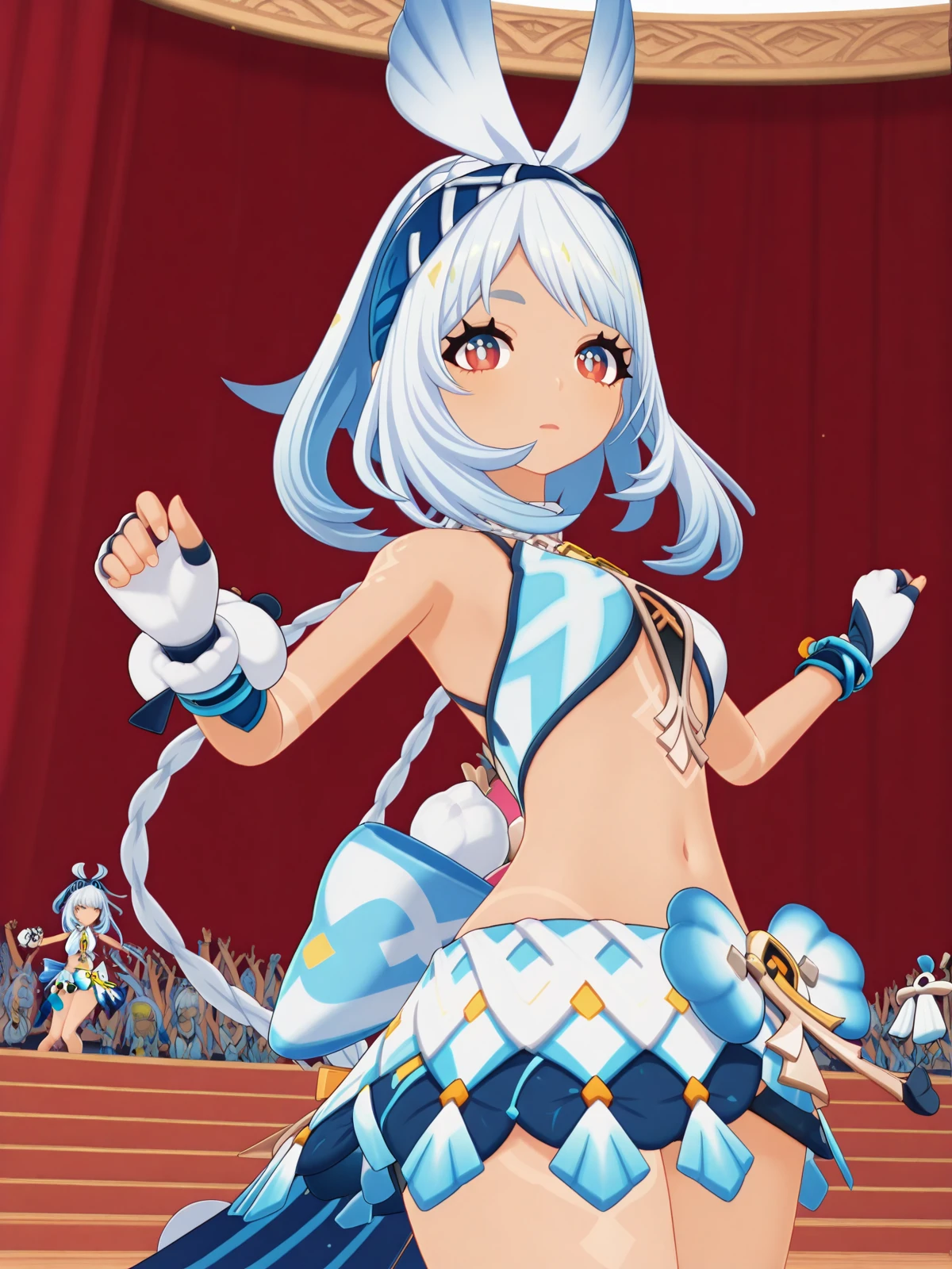 masterpiece, best quality, amazing quality,, <lora:genshin-mualani-ingame-illustriousxl-lora-nochekaiser:1>, mualani, mualani (genshin impact), long hair, red eyes, white hair, braid, tan, dark-skin, dark-skinned female, twin braids, hairband, mature female, small breasts, 3d, skirt, gloves, bow, navel, bare shoulders, midriff, crop top, fingerless gloves, , <lora:dynamic-pose-illustriousxl-lora-nochekaiser:1>, dynamic pose, jumping, cowboy shot, stage, curtains, spotlight, audience, microphone, cowboy shot, solo, looking at viewer, <lora:transparent-background-illustriousxl-lora-nochekaiser:1>, transparent background, simple background, white background