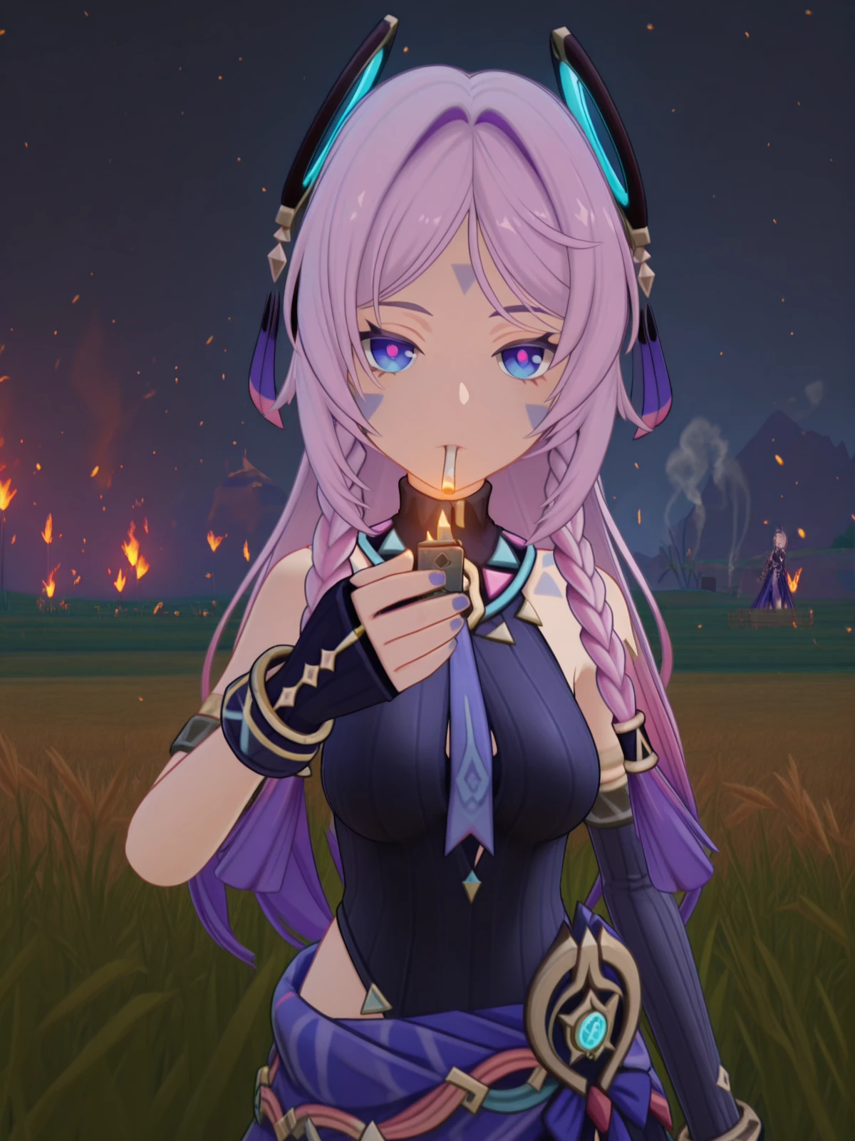 masterpiece, best quality, amazing quality,, <lora:genshin-citlali-ingame-illustriousxl-lora-nochekaiser:1>, citlali, citlali (genshin impact), blue eyes, braid, pink hair, facial mark, forehead mark, long hair, pink pupils, purple hair, gradient hair, hair ornament, twin braids, mature female, medium breasts, 3d, black leotard, fingerless gloves, gloves, leotard, purple skirt, ribbed leotard, hip vent, turtleneck, bare shoulders, necktie, detached , <lora:lighting-cigarette-illustriousxl-lora-nochekaiser:1>, lighting cigarette, lighter, holding lighter, cigarette, smoking, fire, smoke, holding, cowboy shot, straight-on, field, grass, open_space, farming, crops, cowboy shot, solo, looking at viewer,
