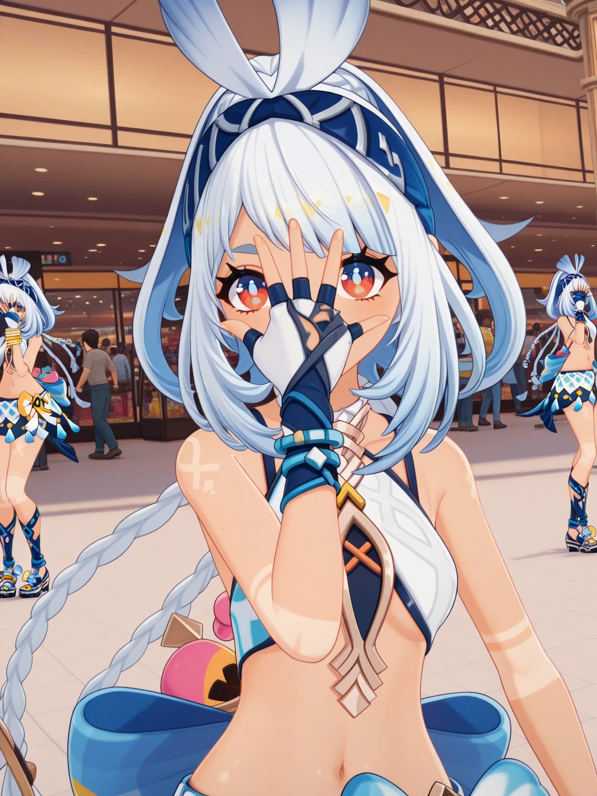 masterpiece, best quality, amazing quality,, <lora:genshin-mualani-ingame-illustriousxl-lora-nochekaiser:1>, mualani, mualani (genshin impact), long hair, red eyes, white hair, braid, tan, dark-skin, dark-skinned female, twin braids, hairband, mature female, small breasts, 3d, skirt, gloves, bow, navel, bare shoulders, midriff, crop top, fingerless gloves, , <lora:jonathan-joestars-pose-illustriousxl-lora-nochekaiser:1>, jonathan joestars pose, jonathan joestar's pose (jojo), jojo pose, covering face, hand up, upper body, mall, shops, people, shopping, big, cowboy shot, solo, looking at viewer,