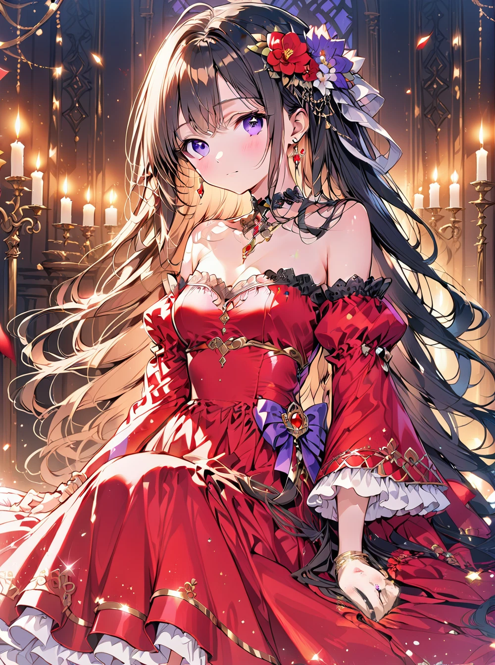 O,1girl, dress, solo, long hair, candle, purple eyes, indoors, jewelry, looking at viewer, red dress, hair ornament, breasts, bangs, bare shoulders, bracelet, window, brown hair, candlestand, blush, wide sleeves, off-shoulder dress, very long hair, long dress, sitting, hair flower, medium breasts, closed mouth, long sleeves, choker, flower, earrings, black hair, ribbon, off shoulder, hair ribbon, detached sleeves