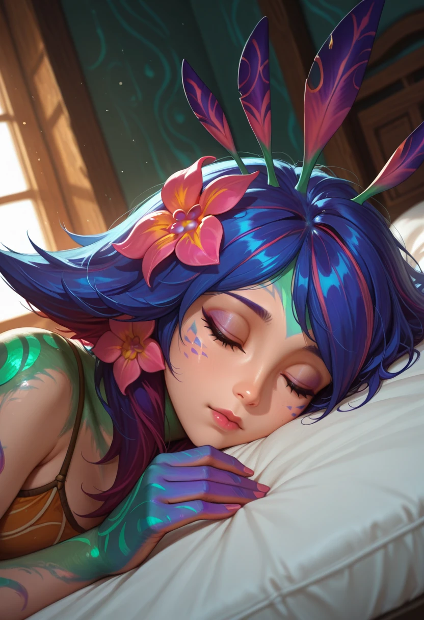 very awa, masterpiece, best quality, absurdres, newest, perfect quality, detailed background, intricate details
<lora:ILLOLNeeko:1>
LOLNeeko, 1girl, hair flower, hair ornament, blue hair, pink flower, yellow eyes, flipped hair, medium hair, multicolored hair, slit pupils, closed eyes,sleeping girl,closed mouth,sound effects, lying on bed, realstic background, depth of fields,cinematic lighting,dutch angle,indoors, bed