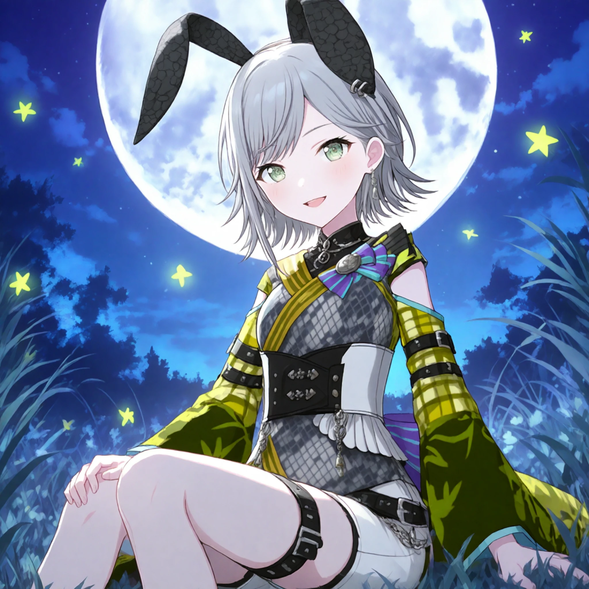 1girl, hinomori shiho, project sekai, solo,
shusagi, green eyes, grey hair, short hair,
looking at viewer, sitting, smiling, open mouth, hands on knees, four fingers and thumb,
thigh strap, white shorts, thigh belt, belt, black rabbit ears, bow, animal ears, wide sleeves, black belt, detached sleeves, yellow sleeves,
midnight, dark, outdoors, withered silver grass, moon, beautiful starry sky, glowing,
masterpiece, amazing quality, very aesthetic, ultra detailed, highres,
<lora:hand 5.5:1>, <lora:ObIL-style-nijistyle02:0.8> <lora:ObIL-mmj-TsukiUsagiSh01:0.7>