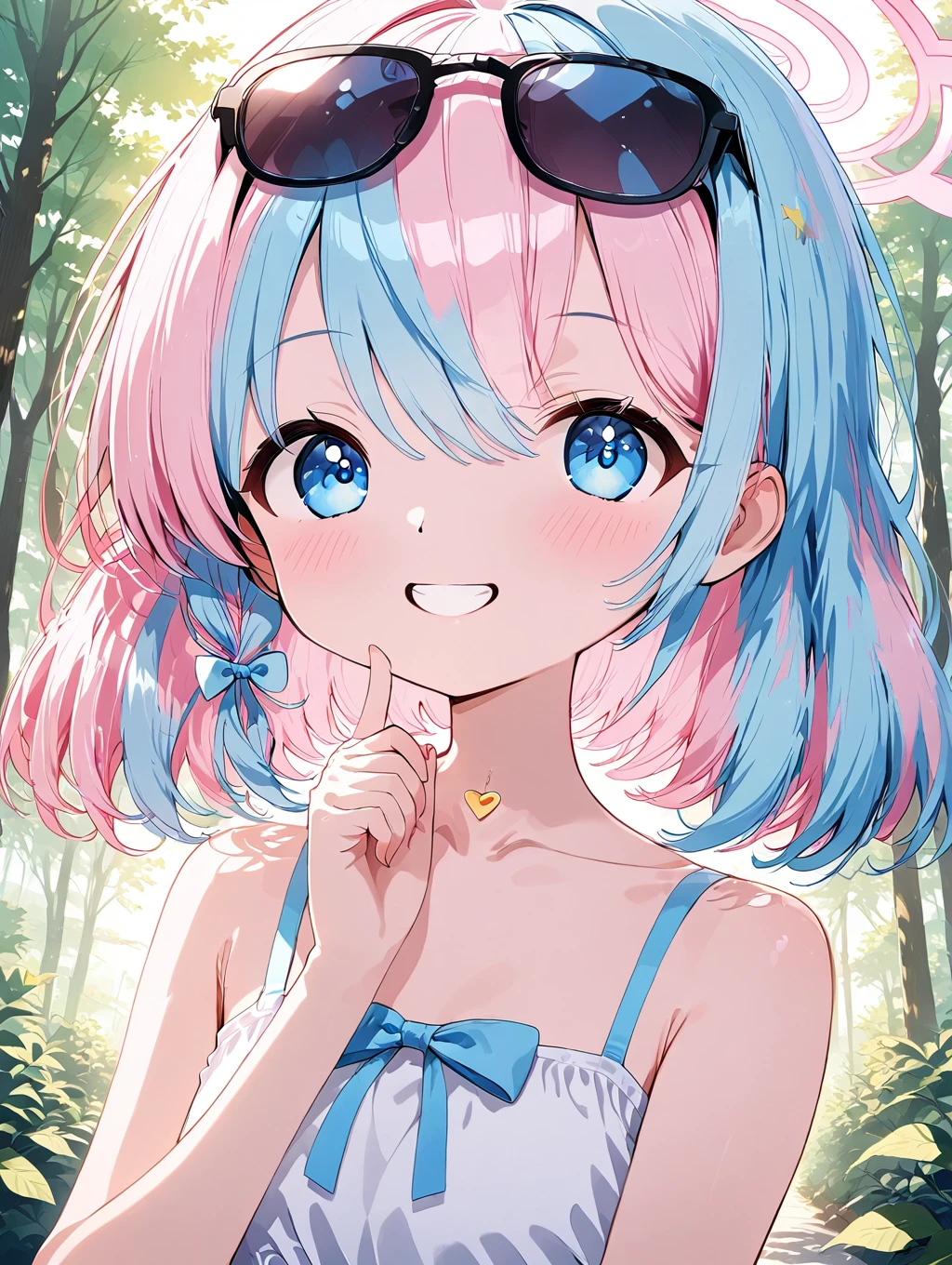 1girl,solo,smile,blue eyes,blue hair,eyewear on head,dress,looking at viewer,sunglasses,braid,halo,outdoors,arona (blue archive),blush,multicolored hair,collarbone,bangs,white dress,pink hair,hairband,grin,sleeveless dress,bare shoulders,white hairband,sundress,hair ribbon,day,ribbon,short hair,hair over one eye,sleeveless,bare arms,tree,colored inner hair,single braid,bow hairband,upper body,two-tone hair,eyes visible through hair,spaghetti strap,bow,white ribbon,white bow,