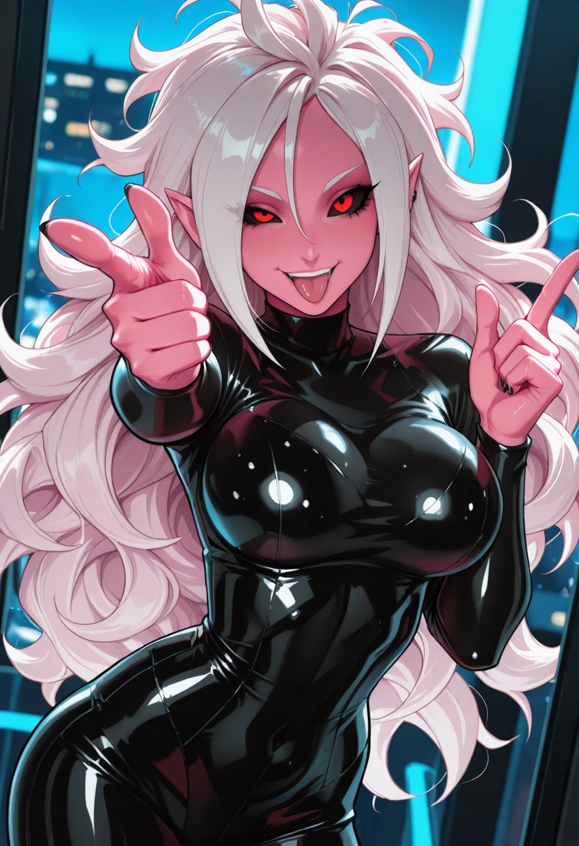 very awa, masterpiece, best quality, absurdres, newest, perfect quality, detailed background, intricate details
<lora:ILDBAndr0id21:1.0>
DBAndr0id21, 1girl, black sclera, pink skin, red eyes, messy hair, long hair, pointy ears, white hair, looking at viewer, tongue out, confident expression, winking, finger gun gesture, pointing at viewer, mischievous smile, tight outfit, playful pose, dynamic angle, bold shadows, dramatic lighting, stylish attitude