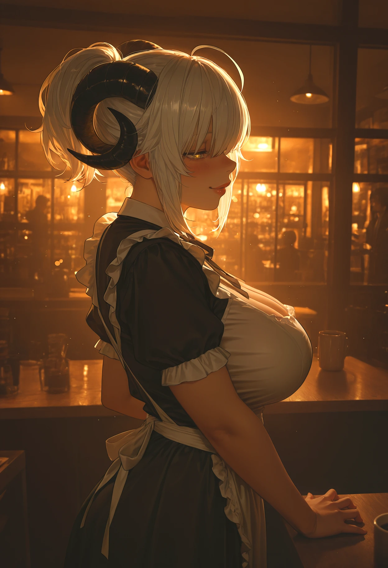 masterpiece, best quality, amazing quality, dynamic angles, from side, looking back, dutch angle, close up, 1girl, yellow eyes, sparkling eyes, eye sparkle, elve, cute smile, cute cheeks , (rounded goat horns) , white hair, short hair, hair over eyes, high ponytail, layered spiky hair, bangs, ponytail, ahoge, sidelocks, multicolored hair, streaked hair, vibrant gradient colors, (maid outfit), (large saggy breast), standing , drunk, bedroom eyes, skin texture, seductive expression, half closed eyes, smirk, thick lips, plump lips, boob focus , sexy posing , looking away, bokeh, coffee shop, cafe, window, golden hour, bloom, backlighting, partially illuminated, <lora:IL\kms_lighting_rename_later_IL_v02-000003:1>
