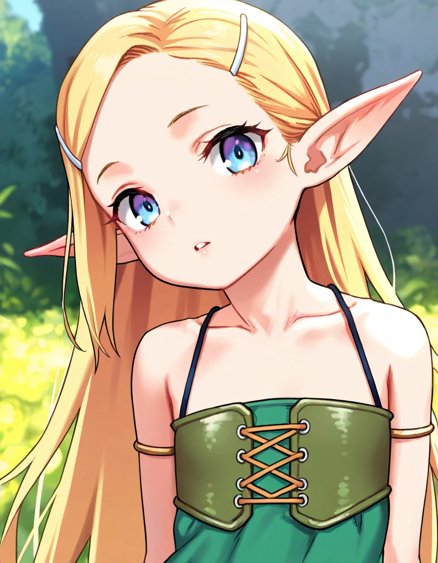 parted lips, gentle smile, sundress, half top body view, looking at viewer, solo, masterpiece, best quality, solo, elf girl, blond hair, long hair, blue eyes, hair ornament, pointy ears, petite girl, flat , leather corset, parted lips, upper teeth,
<lora:elf_happening:1.0> ,