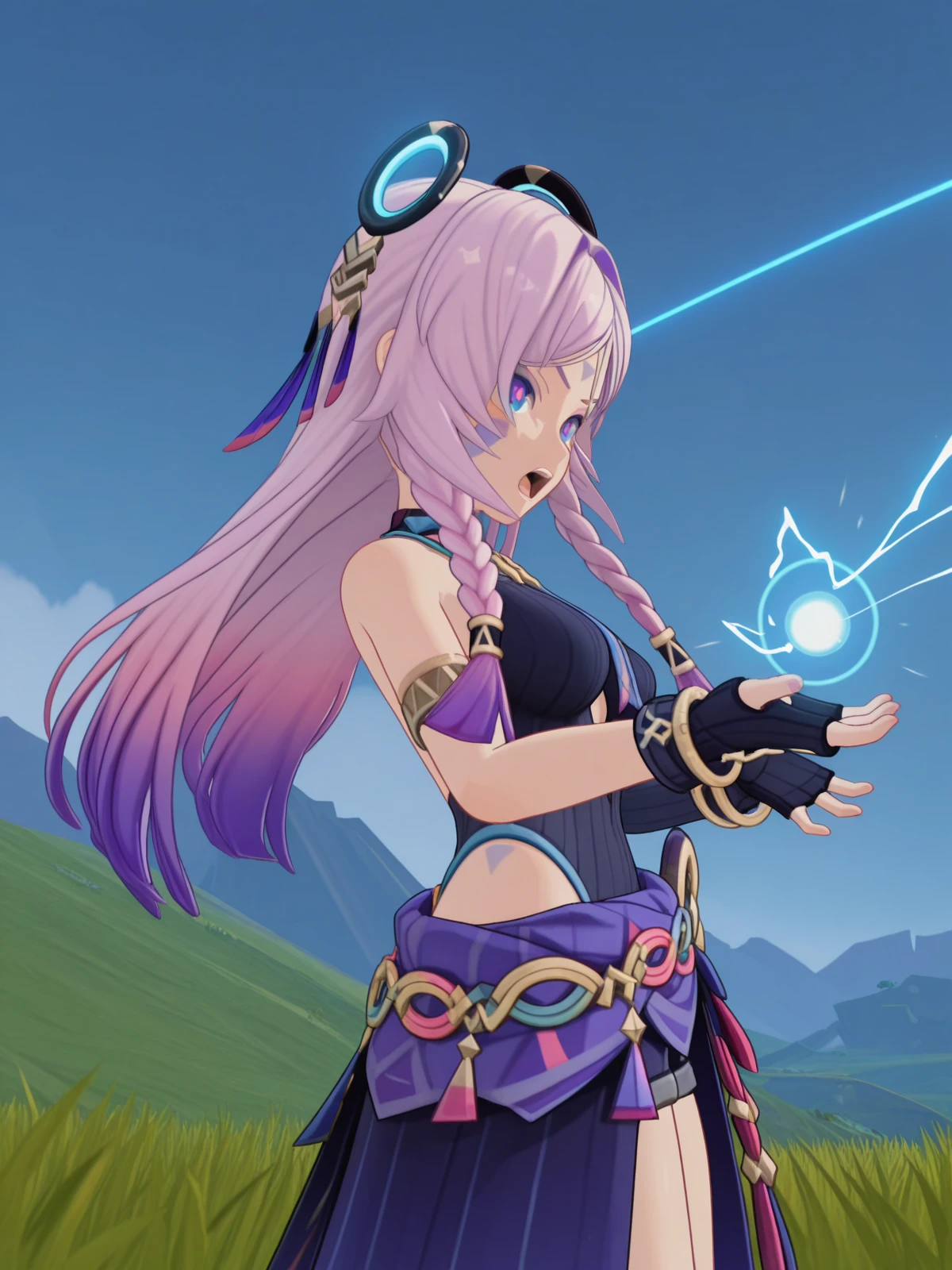 masterpiece, best quality, amazing quality,, <lora:genshin-citlali-ingame-illustriousxl-lora-nochekaiser:1>, citlali, citlali (genshin impact), blue eyes, braid, pink hair, facial mark, forehead mark, long hair, pink pupils, purple hair, gradient hair, hair ornament, twin braids, mature female, medium breasts, 3d, black leotard, fingerless gloves, gloves, leotard, purple skirt, ribbed leotard, hip vent, turtleneck, bare shoulders, necktie, detached , <lora:kamehameha-illustriousxl-lora-nochekaiser:1>, kamehameha, kamehameha (dragon ball), open mouth, outstrecthed arms, torn clothes, shouting, energy, energy beam, energy ball, from side, electricity,, hill, grass, open, landscape, sky, cowboy shot, solo, looking at viewer,