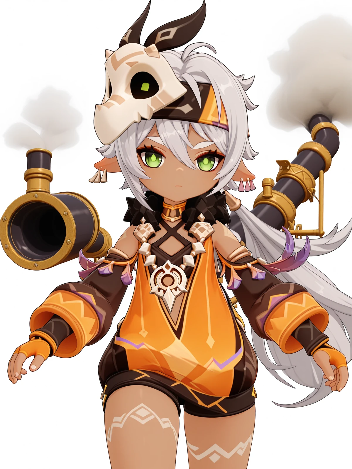 masterpiece, best quality, amazing quality,, <lora:genshin-iansan-ingame-illustriousxl-lora-nochekaiser:1>, iansan, iansan (genshin impact), long hair, hair ornament, hair between eyes, very long hair, green eyes, white hair, grey hair, ponytail, pointy ears, dark skin, dark-skinned female, 3d, long sleeves, gloves, jewelry, earrings, shorts, fur trim, mask, headband, feathers, feather hair ornament, mask on head, orange gloves, tooth necklace, v,, refinery, pipes, smoke, metal, oil, cowboy shot, solo, looking at viewer, <lora:transparent-background-illustriousxl-lora-nochekaiser:1>, transparent background, simple background, white background