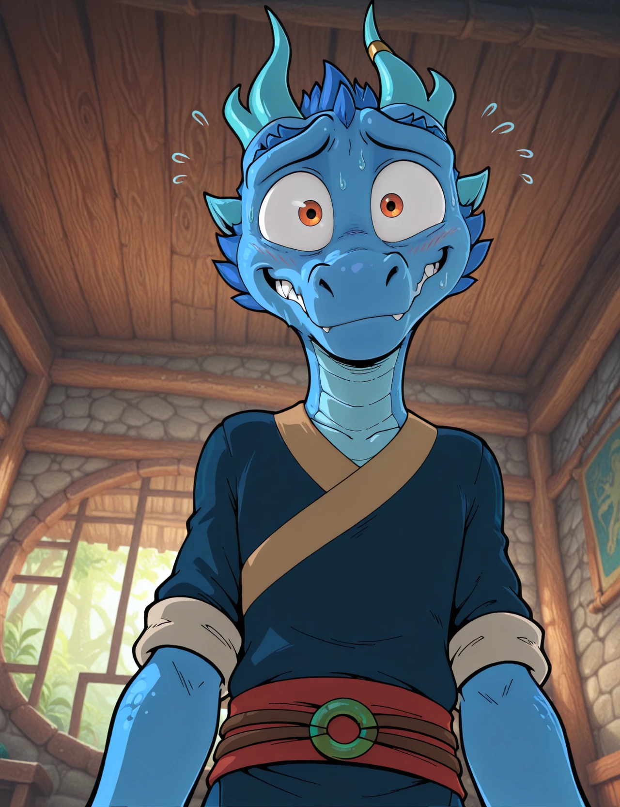 masterpiece,best quality,amazing quality, cartoon, toony, flat color, traditional media,1boy, solo, h3i, solo, anthro, male, dragon, horn, hair, scalie, scales, looking at viewer, cute expression, nervous smile, clothing,low angle, detailed background, <lora:h3i_IL:0.8>