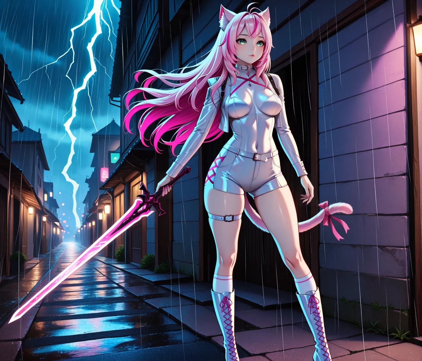 masterpiece, best quality,
night, rain, lightning,
kiwi, 1girl, long_hair, ribbon, animal_ears, green_eyes, pink_hair, multicolored_hair, cat_ears, collar, streaked_hair, pink_ribbon, tail, tail ribbon,
aeriysuit, jacket, shorts, holding, sword, white socks, knee-high boots, lace up boots, 
 <lora:Aeriysuit_illustrious:0.6>,  <lora:Kiwi_-_AeriytheNeko_-_illustrious:0.6>