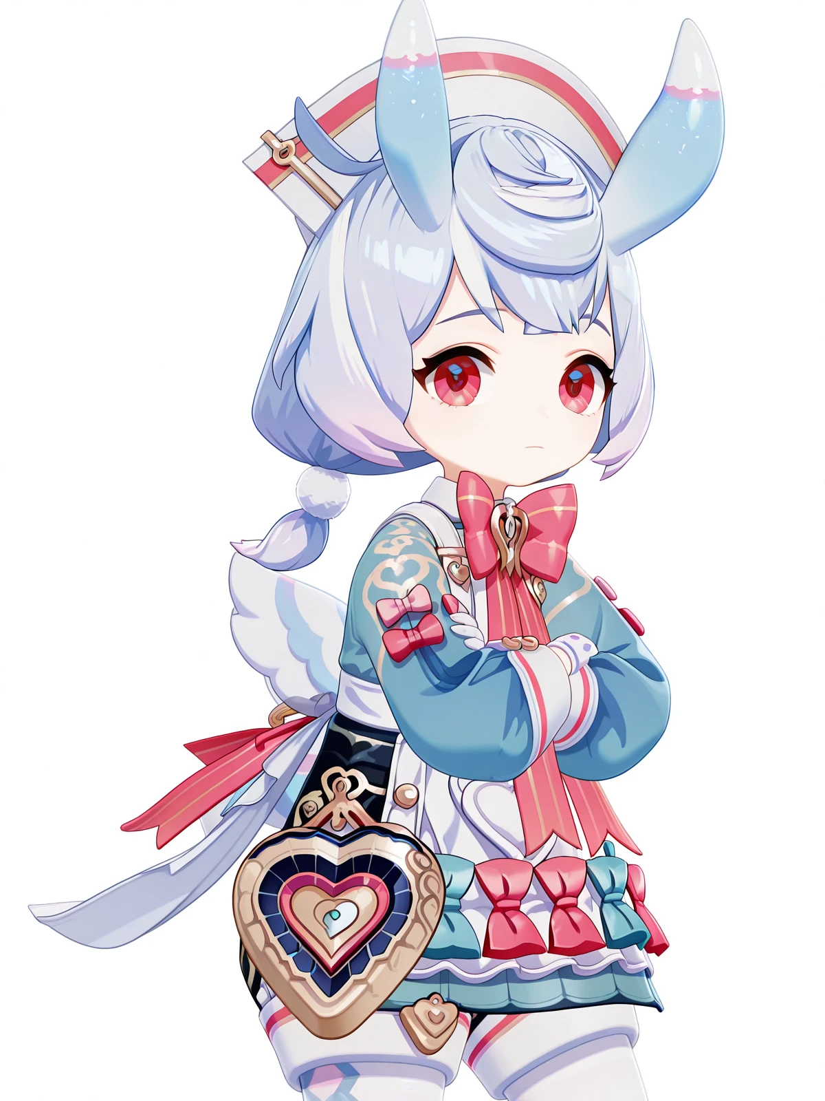 masterpiece, best quality, amazing quality,, <lora:genshin-sigewinne-ingame-illustriousxl-lora-nochekaiser:1>, sigewinne, hair ornament, red eyes, animal ears, twintails, blue hair, purple hair, multicolored hair, gradient hair, low twintails, short twintails, pom pom hair ornament, 3d, long sleeves, gloves, dress, hat, bow, pantyhose, puffy sleeves, white gloves, bowtie, apron, blue dress, white headwear, pink bow, white apron, white pantyhose, pom pom (clothes), nurse cap, pink bowtie, aqua dress,, <lora:kung-fu-illustriousxl-lora-nochekaiser:1>, kung fu, martial arts, training, fighting stance, cowboy shot, crossed arms, garage, car, tools, mechanic, repair, cowboy shot, solo, looking at viewer, <lora:transparent-background-illustriousxl-lora-nochekaiser:1>, transparent background, simple background, white background