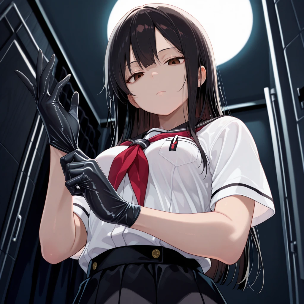 <lora:medicalgloves_il_v1-000020:1>,medicalgloves, (adjusting gloves), upper body, 1girl, standing, from below, looking down, rubber gloves, (black gloves), expressionless, looking at viewer, expressionless, empty eyes, (frown,disgust:0.5), half-closed eyes,
black hair, long hair, brown eyes, medium breasts, school uniform, white shirt, black skirt,
hotel room, dark room, <lora:AdjustingGloves_XLPD:1>, masterpiece,best quality,amazing quality,