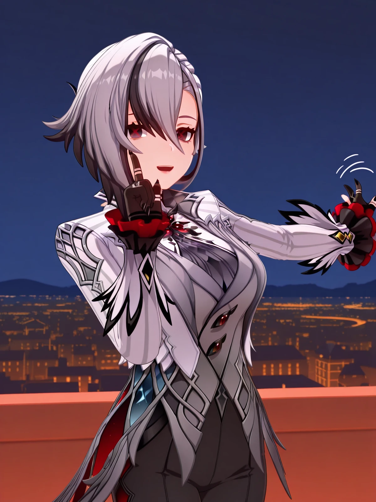 masterpiece, best quality, amazing quality,, <lora:genshin-arlecchino-ingame-illustriousxl-lora-nochekaiser:1>, arlecchino, arlecchino (genshin impact), short hair, black hair, hair between eyes, white hair, grey hair, multicolored hair, black eyes, two-tone hair, streaked hair, symbol-shaped pupils, red pupils, x-shaped pupils, mature female, large breasts, 3d, long sleeves, gloves, jacket, black gloves, pants, coat, black pants, suit,, <lora:hoshino-ruby-dance-illustriousxl-lora-nochekaiser:1>, hoshino ruby dance, finger wagging, index finger raised, dancing, outstretched arm, cowboy shot, smile, open mouth,, city skyline, rooftop view, night time, city lights, quiet reflection, cowboy shot, solo, looking at viewer,