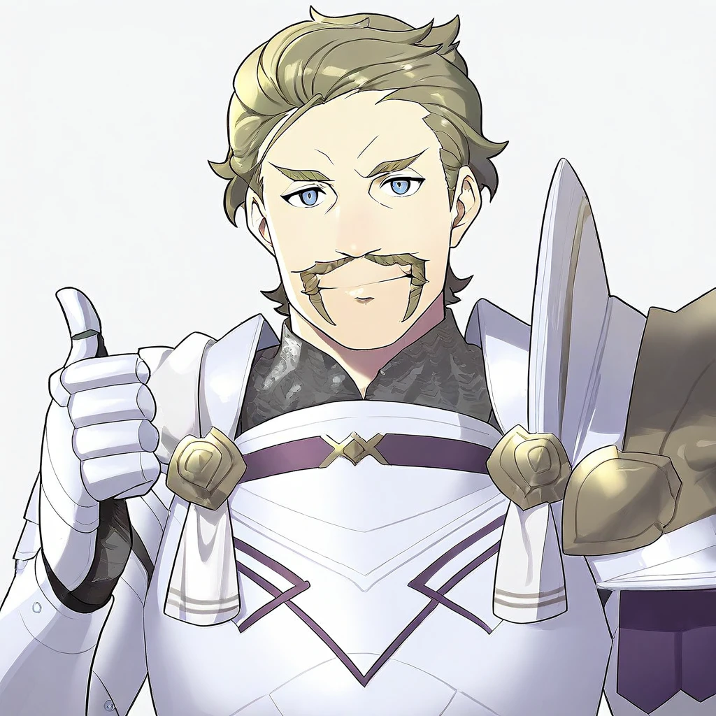 masterpiece, absurd res, best quality, newest, 2024, 8k, 4k, solo male, 1boy, Alois, armor, mustache, upper body, thumbs up, white background,
