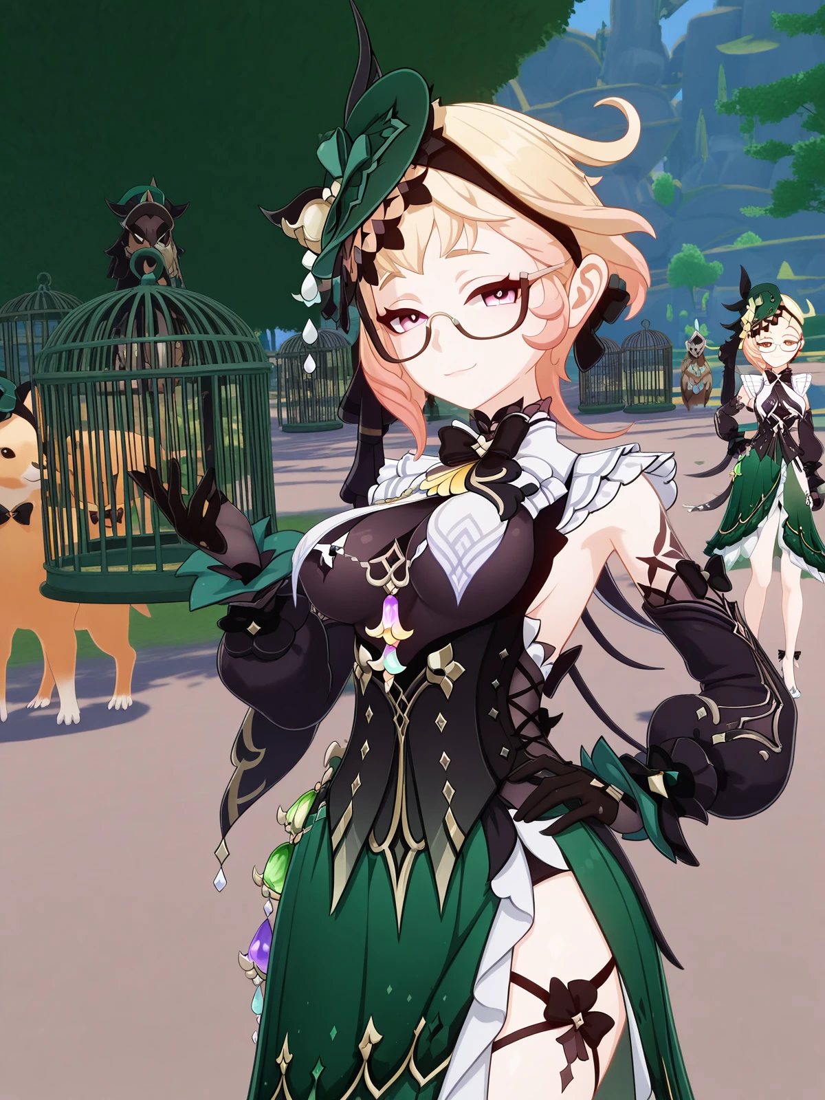 masterpiece, best quality, amazing quality,, <lora:genshin-emilie-ingame-illustriousxl-lora-nochekaiser:1>, emilie, emilie (genshin impact), short hair, blonde hair, pink eyes, ahoge, multicolored hair, glasses, gradient hair, semi-rimless eyewear, mature female, medium breasts, 3d, bare shoulders, black bow, black bowtie, black corset, black gloves, black ribbon, black shirt, bowtie, breast curtains, corset, detached sleeves, fascinator, green hat, green skirt, hat, long sleeves, side slit, skirt, sleeveless, sleeveless shirt,, smug, hand on own hip,, zoo, animals, cages, visitors, park, cowboy shot, solo, looking at viewer,