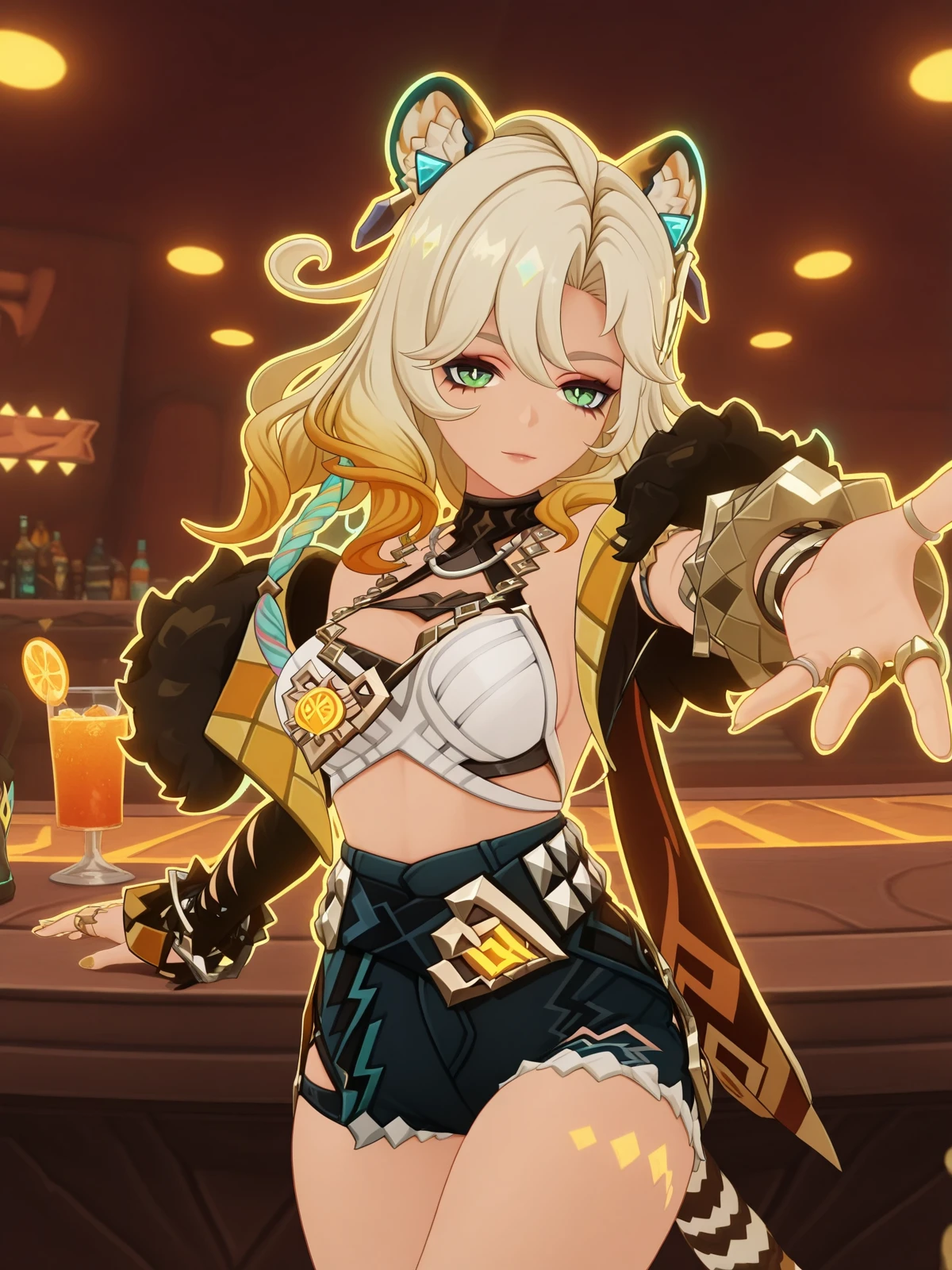 masterpiece, best quality, amazing quality,, <lora:genshin-xilonen-ingame-illustriousxl-lora-nochekaiser:1>, xilonen, xilonen (genshin impact), long hair, blonde hair, hair ornament, animal ears, green eyes, tail, multicolored hair, gradient hair, tiger ears, tiger tail, tiger girl, mature female, large breasts, 3d, jewelry, bare shoulders, jacket, shorts, off shoulder, bracelet, fur trim, short shorts, sideboob, black shorts, ring, denim shorts,, on back, arm support, arms up, incoming hug, pov, reaching, reaching towards viewer,, nightclub, lights, music, dance, drinks, cowboy shot, solo, looking at viewer,