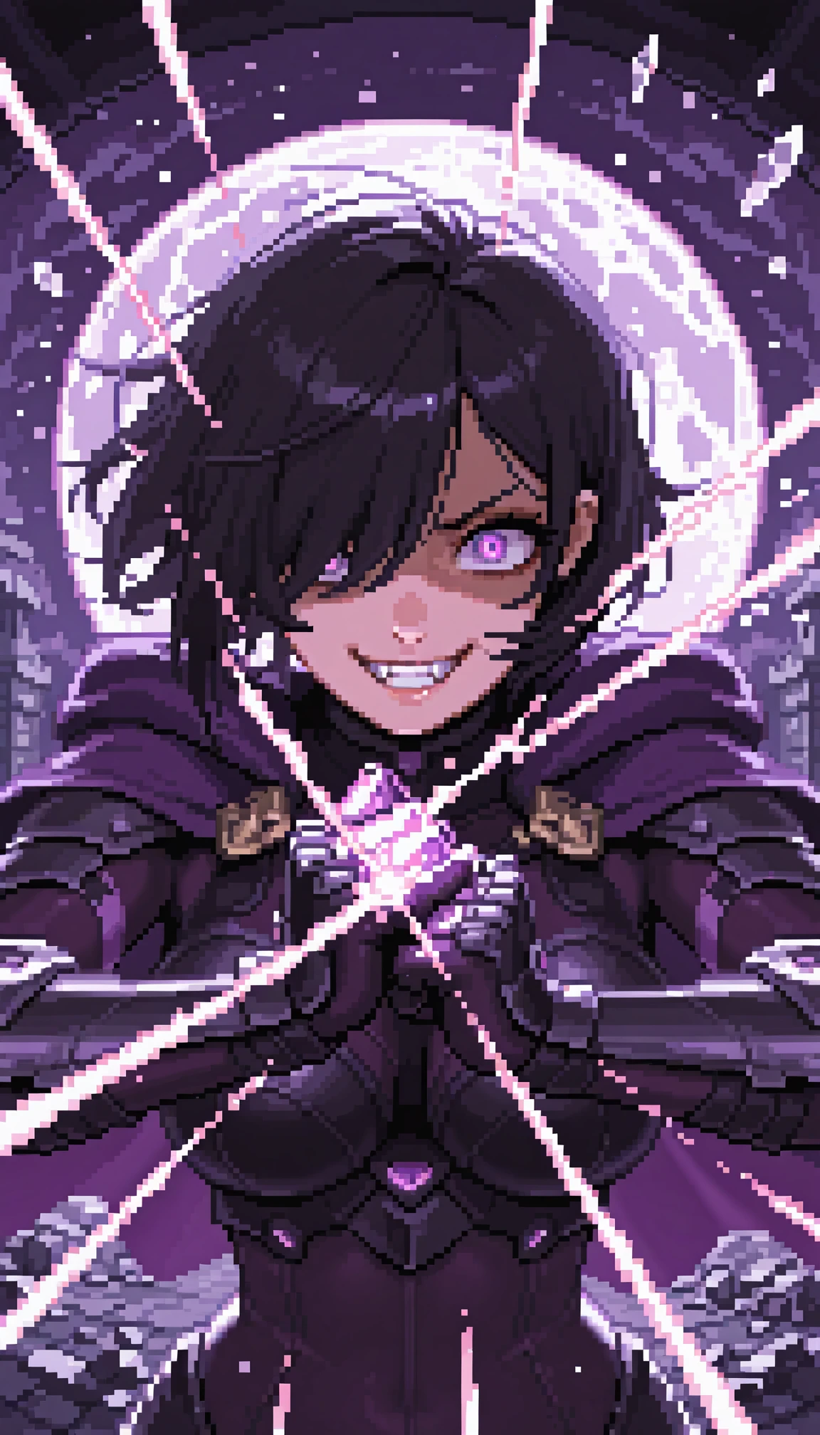 masterpiece, best quality, amazing quality, 4k, very aesthetic, ultra-detailed, (pixel art, dithering, pixelated, sprite art, 8-bit:1.2), 1girl, v-shaped eyebrows, (shaded face:1.2), smug, (evil grin:1.2), crazy smile, fangs, teeth, wide-eyed, large breasts, short black hair with sideswept bangs, purple eyes, empty eyes, crazy eyes, eye trail, hair over one eye, detailed purple obsidian bodysuit, glowing purple cape, armored detailed purple gauntlets, overgrown stone temple, purple night sky with moon, fine fabric emphasis, dutch angle, from below, fighting stance, clenched hands, projectile glass shards, broken glass, (face focus:1.2), close-up, portrait, upper body, looking at viewer, (motion lines, attack trail:1.3), (fisheye, wide shot:1.2), BREAK, eyes, hands, fingers, detailed eyes, depth of field, volumetric lighting