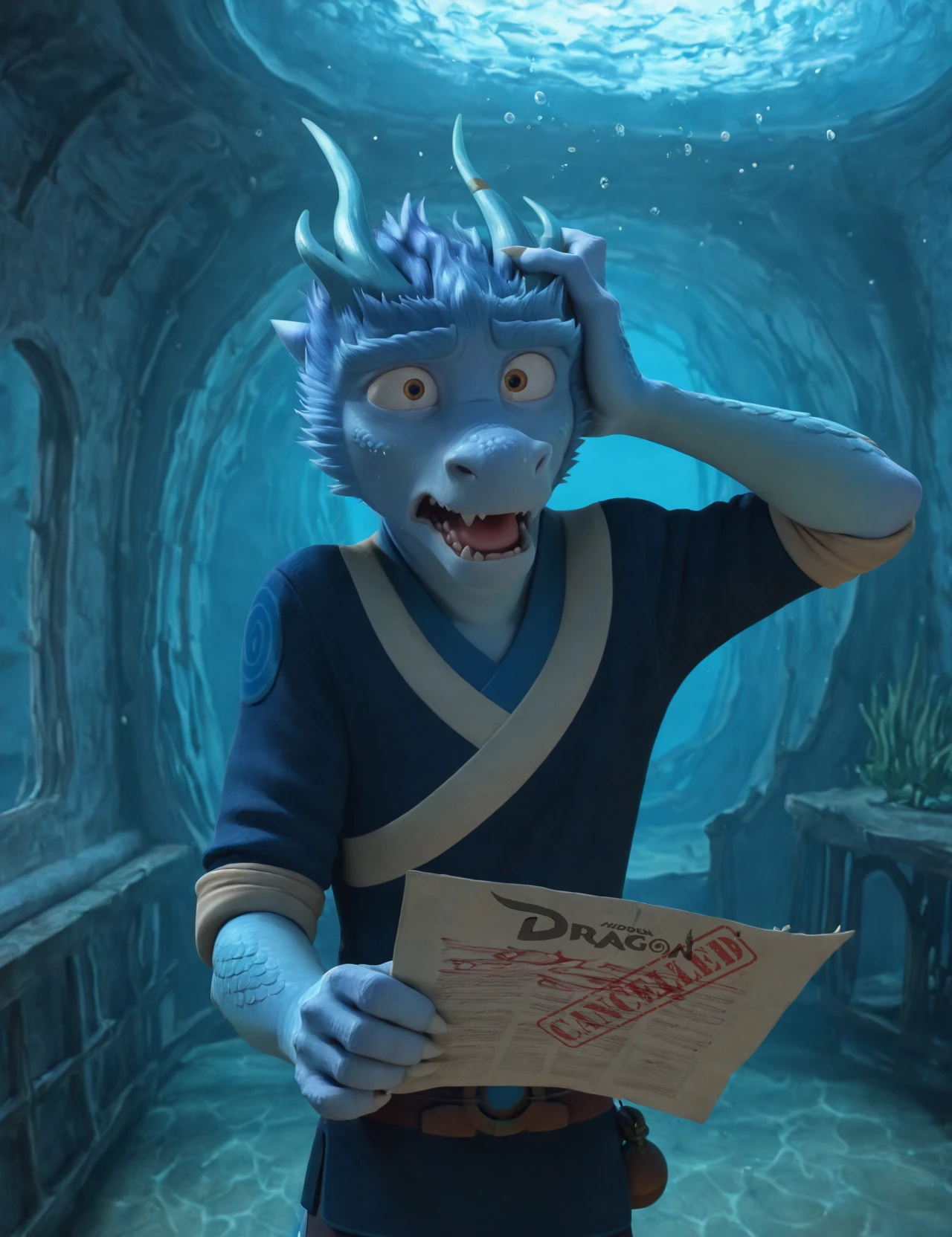 masterpiece,best quality,amazing quality, 1boy, solo, h3i, solo, anthro, male, dragon, horn, hair, scalie, scales, clothing,panicking, claws,underwater room, detailed background, hand on head, holding a piece of paper that says cancelled in big red letters,<lora:h3i_IL:1>