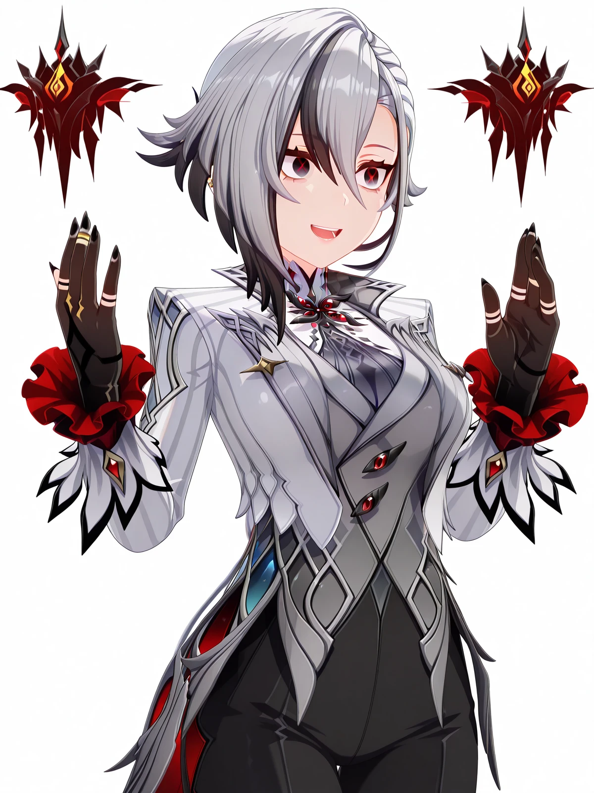 masterpiece, best quality, amazing quality,, <lora:genshin-arlecchino-ingame-illustriousxl-lora-nochekaiser:1>, arlecchino, arlecchino (genshin impact), short hair, black hair, hair between eyes, white hair, grey hair, multicolored hair, black eyes, two-tone hair, streaked hair, symbol-shaped pupils, red pupils, x-shaped pupils, mature female, large breasts, 3d, long sleeves, gloves, jacket, black gloves, pants, coat, black pants, suit,, <lora:you-dense-mf-illustriousxl-lora-nochekaiser:1>, you dense mf, solo, smile, teeth, meme, hands up, wide-eyed, looking to the side, open mouth, floating city, sky, futuristic, architecture, clouds, cowboy shot, solo, looking at viewer, <lora:transparent-background-illustriousxl-lora-nochekaiser:1>, transparent background, simple background, white background