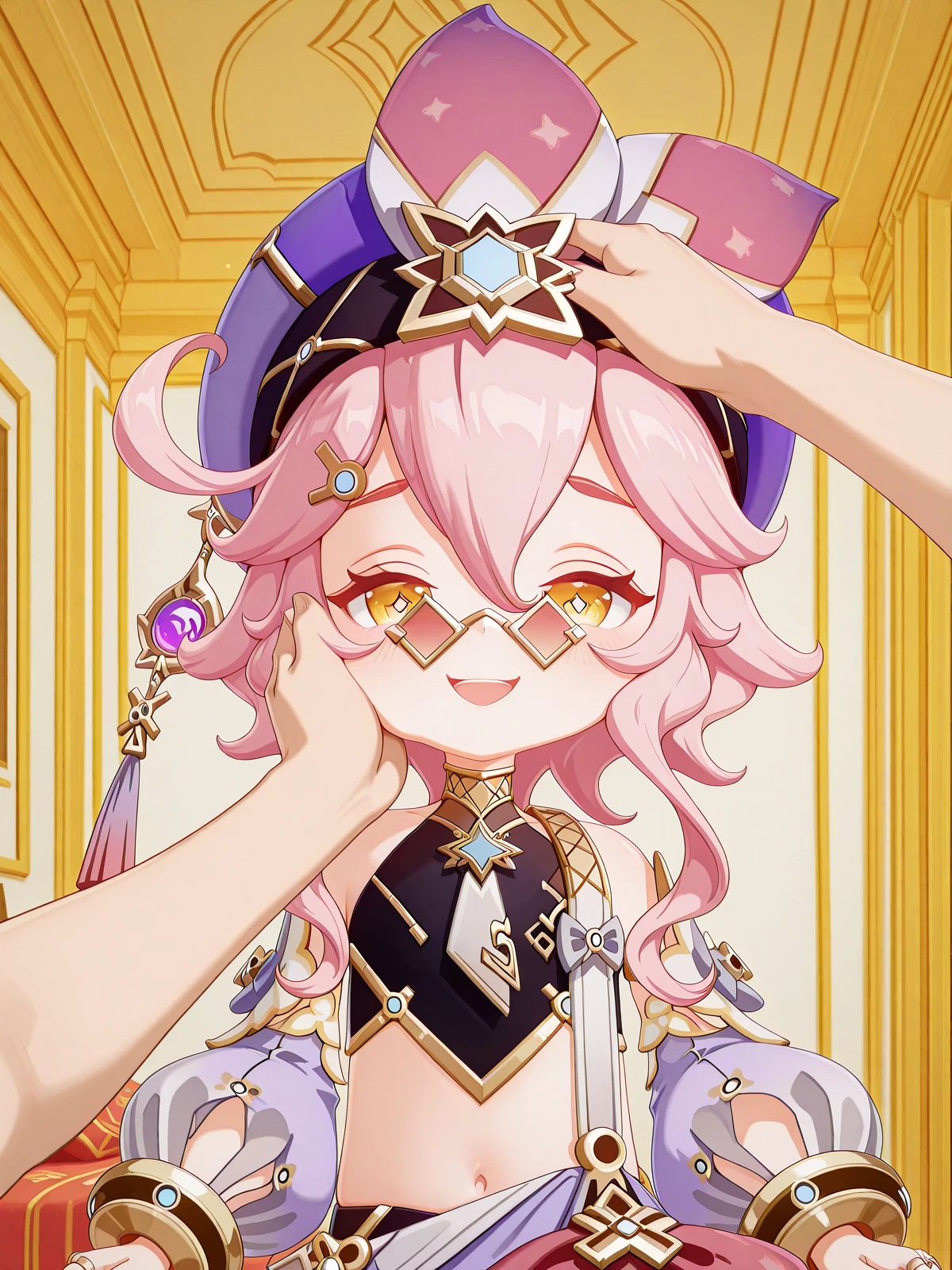 masterpiece, best quality, amazing quality,, <lora:genshin-dori-ingame-illustriousxl-lora-nochekaiser:1>, dori, dori (genshin impact), hair ornament, hair between eyes, yellow eyes, pink hair, ahoge, sidelocks, symbol-shaped pupils, sunglasses, short hair with long locks, 3d, shirt, long sleeves, hair ornament, hat, jewelry, bare shoulders, detached sleeves, sleeveless, pants, puffy sleeves, midriff, stomach, bracelet, crop top, black shirt, sleeveless shirt, sunglasses, ring, puffy long sleeves, white sleeves, tinted eyewear, purple headwear, multiple rings, pince-nez, purple pants, puffy detached sleeves, arabian clothes, puffy pants, harem pants, <lora:pov-cheek-and-head-pat-illustriousxl-lora-nochekaiser:1>, pov cheek and head pat, pov cheek and head pat (meme), looking at viewer, blush, smile, open mouth, upper body, closed eyes, solo focus, pov, hand on another's head, pov hands, headpat, hand on another's face, hand on another's cheek, petting,, hotel, rooms, lobby, guests, beds, cowboy shot, solo, looking at viewer, <lora:transparent-background-illustriousxl-lora-nochekaiser:1>, transparent background, simple background, white background