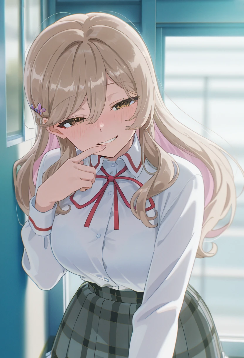 masterpiece, best quality, amazing quality, very aesthetic, absurdres, newest, scenery, anime coloring, anime screencap,
EBAjisai, 1girl, solo, long hair, large breasts, hair ornament, hair between eyes, brown eyes, sidelocks, hairclip, light brown hair, colored inner hair, long sleeves, school uniform, white shirt, pleated skirt, frills, red ribbon, neck ribbon, plaid skirt, grey skirt, shirt tucked in, checkered skirt, collared shirt, frilled skirt, against wall, indoors, upper body, finger to mouth, closed mouth, half-closed eyes, nose blush, naughty face, head tilt, teeth, looking at viewer, school,
(colorful), masterpiece, best quality, amazing quality, very aesthetic, absurdres, newest, scenery, <lora:AjisaiSenaIL-10:1>