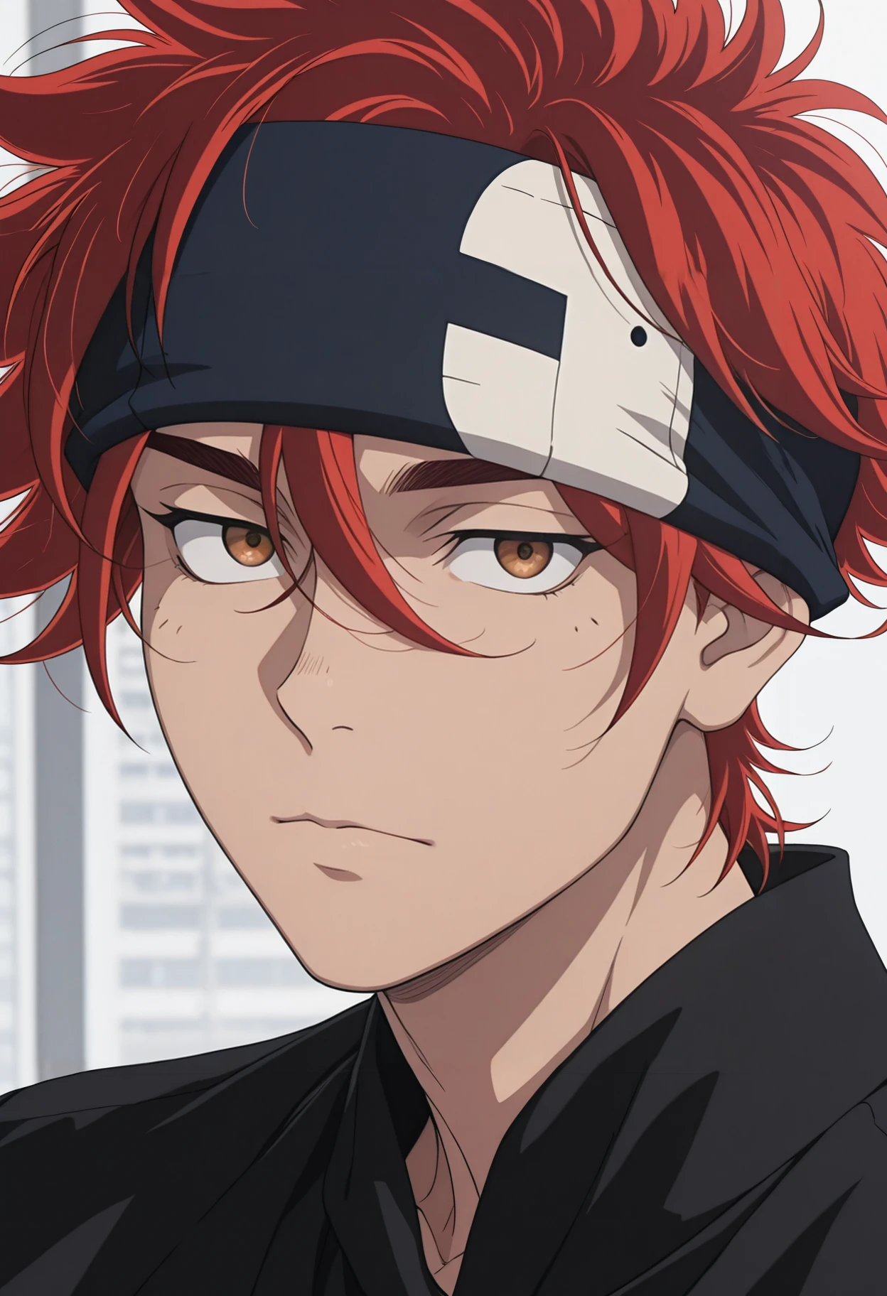 very awa, masterpiece, best quality, absurdres, newest, perfect quality, detailed background, intricate details, solo,
<lora:ILSk8R3ki:1>
Sk8R3ki, 1boy, male focus, red hair, hair between eyes, messy hair, short hair, brown eyes, headband, looking at viewer, portrait