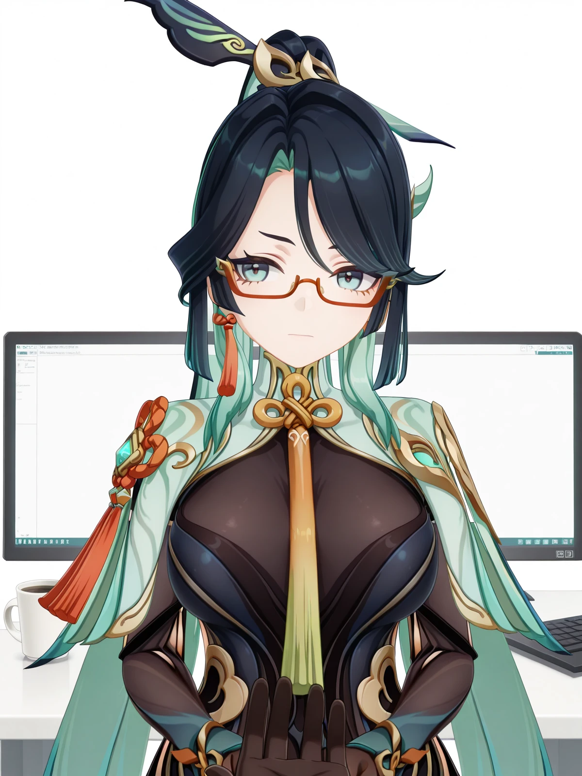 masterpiece, best quality, amazing quality,, <lora:genshin-xianyun-ingame-illustriousxl-lora-nochekaiser:1>, xianyun, xianyun (genshin impact), long hair, black hair, hair ornament, very long hair, blue hair, multicolored hair, green hair, glasses, two-tone hair, aqua eyes, aqua hair, colored inner hair, semi-rimless eyewear, red-framed eyewear, mature female, large breasts, 3d, long sleeves, gloves, dress, jewelry, earrings, black gloves, black dress, tassel, tassel earrings, <lora:stroking-anothers-chin-pov-illustriousxl-lora-nochekaiser:1>, stroking another's chin pov, stronking another's chin, pov, pov hands, blush, upper body, looking to the side,, home office, working from home, computer screen, coffee cup, focus, deadline, cowboy shot, solo, looking at viewer, <lora:transparent-background-illustriousxl-lora-nochekaiser:1>, transparent background, simple background, white background