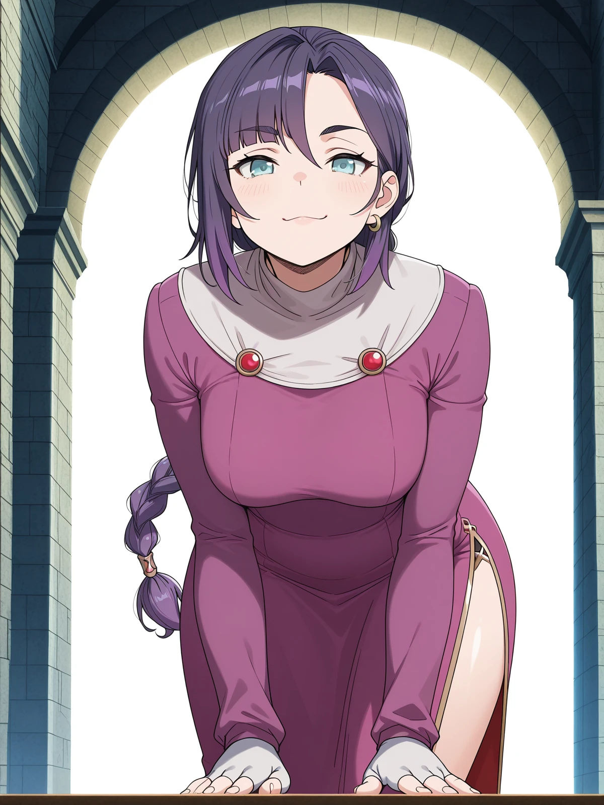 masterpiece, best quality, amazing quality,, <lora:mona-oc-illustriousxl-lora-nochekaiser:1>, mona, blue eyes, purple hair, long hair, braid, braided ponytail, parted bangs, mature female, medium breasts, anime screencap, fingerless gloves, hoop earrings, jewelry, white muffler scarf, side slit, pink dress, long sleeves, bent over, smug,, tower, tall, height, view, structure, cowboy shot, solo, looking at viewer,