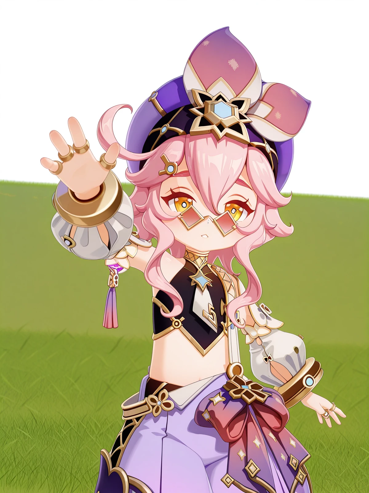 masterpiece, best quality, amazing quality,, <lora:genshin-dori-ingame-illustriousxl-lora-nochekaiser:1>, dori, dori (genshin impact), hair ornament, hair between eyes, yellow eyes, pink hair, ahoge, sidelocks, symbol-shaped pupils, sunglasses, short hair with long locks, 3d, shirt, long sleeves, hair ornament, hat, jewelry, bare shoulders, detached sleeves, sleeveless, pants, puffy sleeves, midriff, stomach, bracelet, crop top, black shirt, sleeveless shirt, sunglasses, ring, puffy long sleeves, white sleeves, tinted eyewear, purple headwear, multiple rings, pince-nez, purple pants, puffy detached sleeves, arabian clothes, puffy pants, harem pants, <lora:incoming-headpat-illustriousxl-lora-nochekaiser:1>, incoming headpat, headpat, pov, outstretched arm, reaching, reaching towards viewer, looking at viewer, parted lips, blush, soccer field, grass, goal, players, sport, cowboy shot, solo, looking at viewer, <lora:transparent-background-illustriousxl-lora-nochekaiser:1>, transparent background, simple background, white background