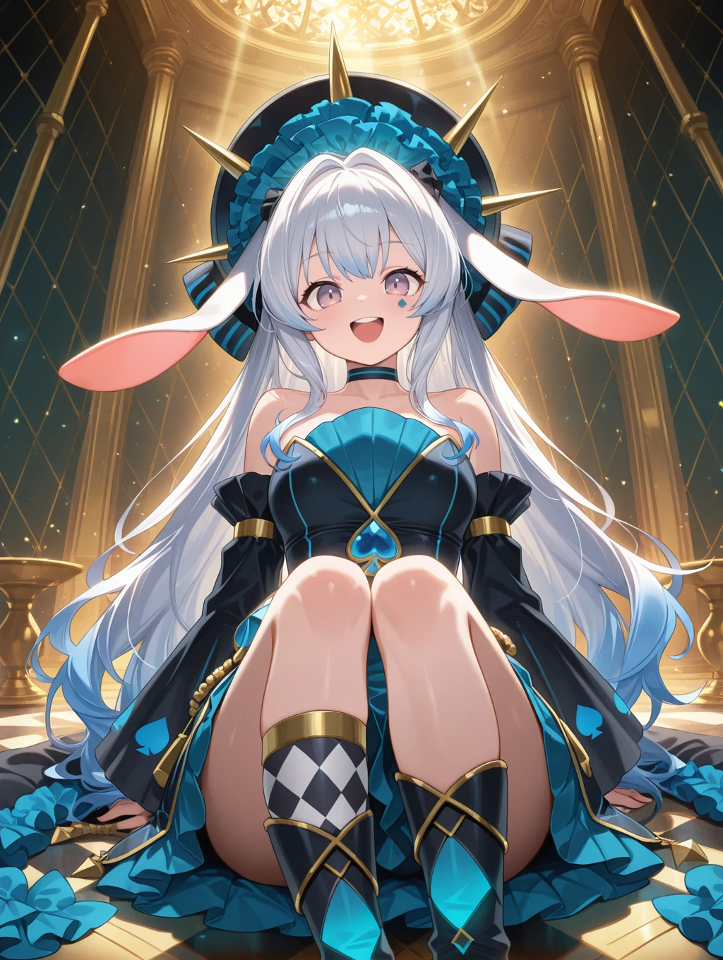 malice pawn march hare,solo,1girl,sitting,smile,open mouth,looking at viewer,teeth,argyle background,:d,rabbit ears,blue spade facial mark,black choker,black detached sleeves,black headdress,black strapless dress,single argyle sock,frilled headdress bow,black boots,
masterpiece,best quality,amazing quality,very aesthetic,absurdres,newest,scenery,extreme detail,8k,light particles,soft lighting,volumetric lighting,intricate details,finely detailed,<lora:MALICE Pawn March Hare illusXL v2:0.75>,