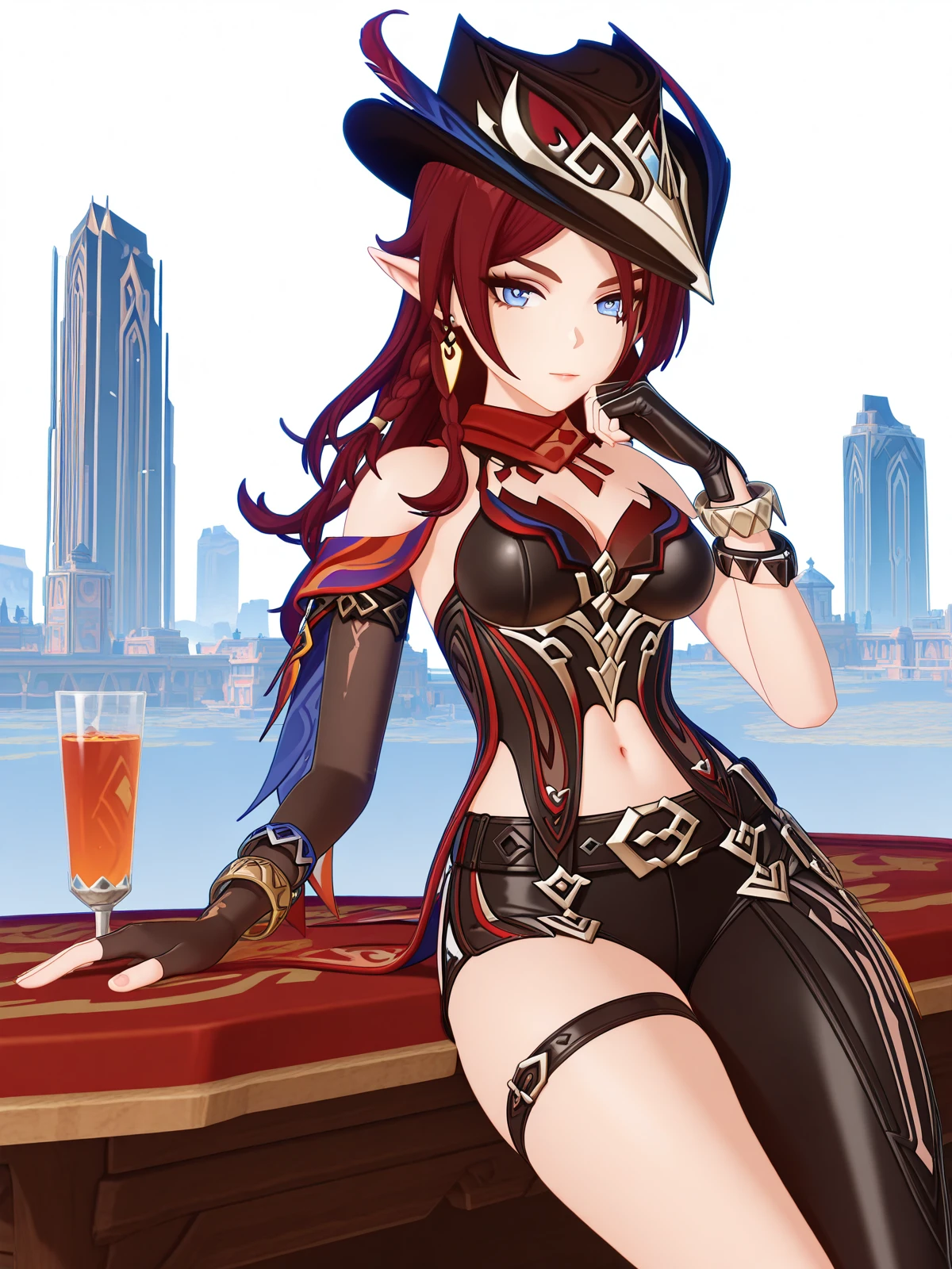masterpiece, best quality, amazing quality,, <lora:genshin-chasca-ingame-illustriousxl-lora-nochekaiser:1>, chasca, chasca (genshin impactt), long hair, blue eyes, braid, red hair, pointy ears, elf, mature female, medium breasts, 3d, gloves, hat, navel, cleavage, jewelry, bare shoulders, earrings, shorts, black gloves, belt, fingerless gloves, scarf, bracelet, black headwear, thigh strap, single thighhigh, red scarf, hat feather, asymmetrical clothes, sitting, elbow rest, table,, skyscraper, tall, glass, modern, building, cowboy shot, solo, looking at viewer, <lora:transparent-background-illustriousxl-lora-nochekaiser:1>, transparent background, simple background, white background