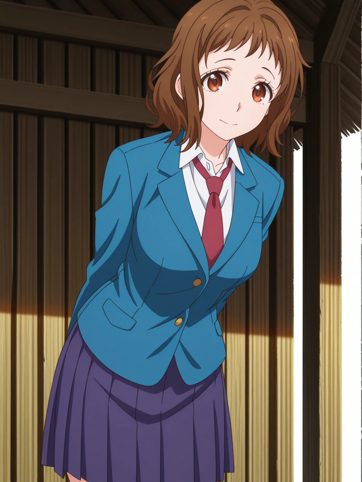 masterpiece, best quality, amazing quality,, <lora:miou-aida-movie-illustriousxl-lora-nochekaiser:1>, miou aida, short hair, brown hair, brown eyes, mature female, , anime screencap, skirt, jacket, pleated skirt, necktie, blazer, blue blazer, shirt, white shirt, collared shirt, red necktie, blue skirt,, hands behind back, ,, hut, small, rural, wood, shelter, cowboy shot, solo, looking at viewer, <lora:transparent-background-illustriousxl-lora-nochekaiser:1>, transparent background, simple background, white background