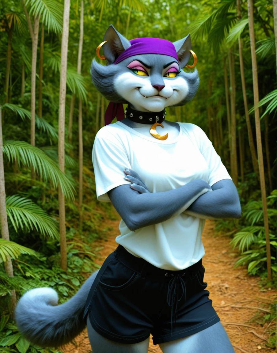 photorealism, masterpiece, best quality, high resolution, solo, jungle path,
msfortune, female, anthro, cat, grey fur, makeup, yellow sclera, ring piercing, bandana, collar, crescent pendant, t-shirt, shorts, looking away, , smirk, crossed arms,,
, <lora:MsFortuneXL_050-Illus-nd32-na32-lr1-b2-ep06:1>
