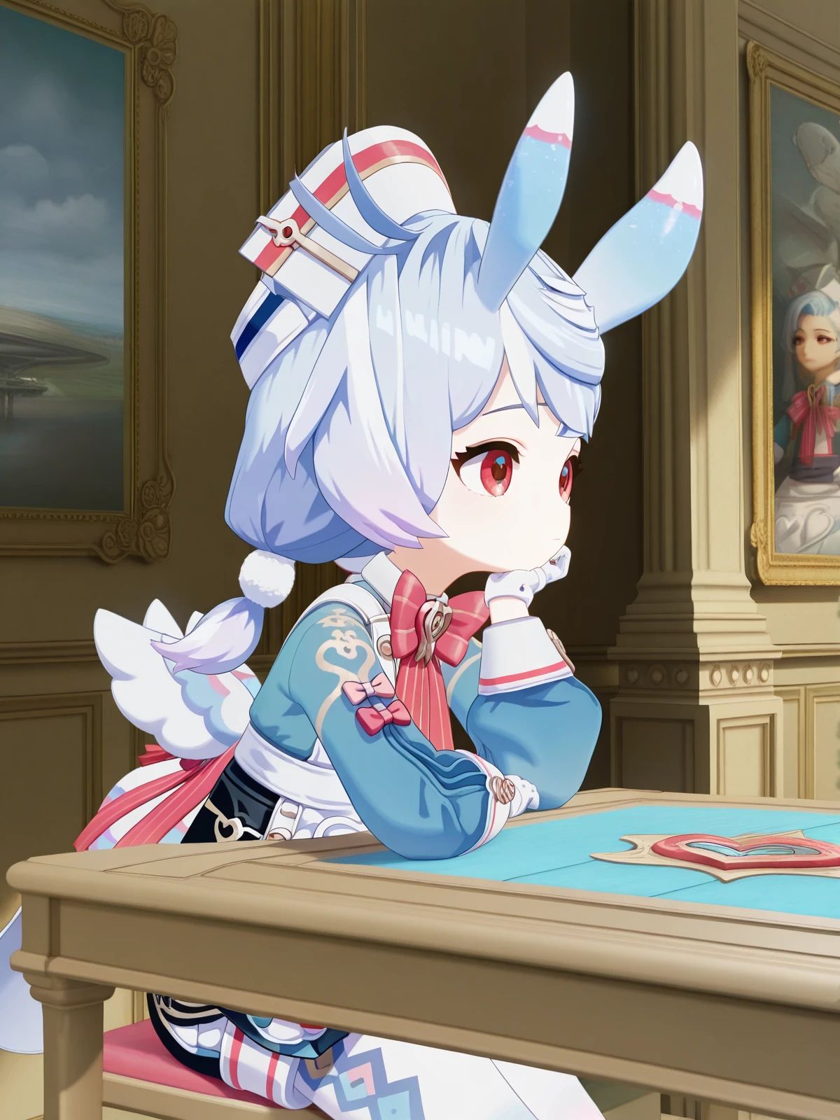 masterpiece, best quality, amazing quality,, <lora:genshin-sigewinne-ingame-illustriousxl-lora-nochekaiser:1>, sigewinne, hair ornament, red eyes, animal ears, twintails, blue hair, purple hair, multicolored hair, gradient hair, low twintails, short twintails, pom pom hair ornament, 3d, long sleeves, gloves, dress, hat, bow, pantyhose, puffy sleeves, white gloves, bowtie, apron, blue dress, white headwear, pink bow, white apron, white pantyhose, pom pom (clothes), nurse cap, pink bowtie, aqua dress,, sitting, head rest, table,, museum, art exhibit, paintings, observing, quiet contemplation, cultural experience, cowboy shot, solo, looking at viewer,