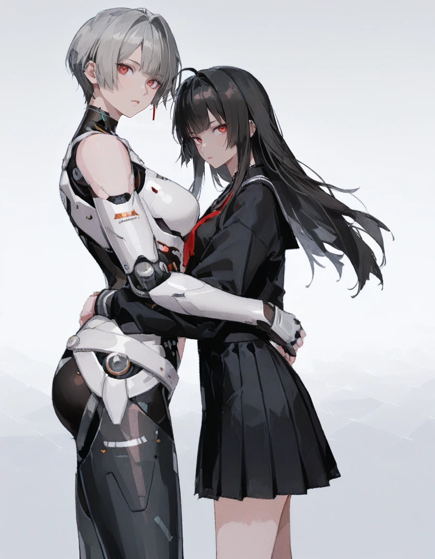 2girls,hugging,looking at viewer,height difference,cowboy shot,
BREAK masterpiece,best quality,amazing quality,very aesthetic,high resolution,ultra detailed,perfect details,<lora:96YOTTEA-WAI:1>,school,outdoors,flower,
BREAK 1girl,<lora:mai_pgr_yata_zy:0.8>,mai_pgr_yata_zy,short_hair,grey_hair,android,mechanical_parts,mechanical_legs,tall,
BREAK 1girl,<lora:maipgrsaotomeyuka:0.8>,maipgrsaotomeyuka1girl,long_hair,hime_cut,sidelocks,black_hair,red_eyes,black_serafuku,red neckerchief,pleated_skirt,black_skirt,short skirt,short,