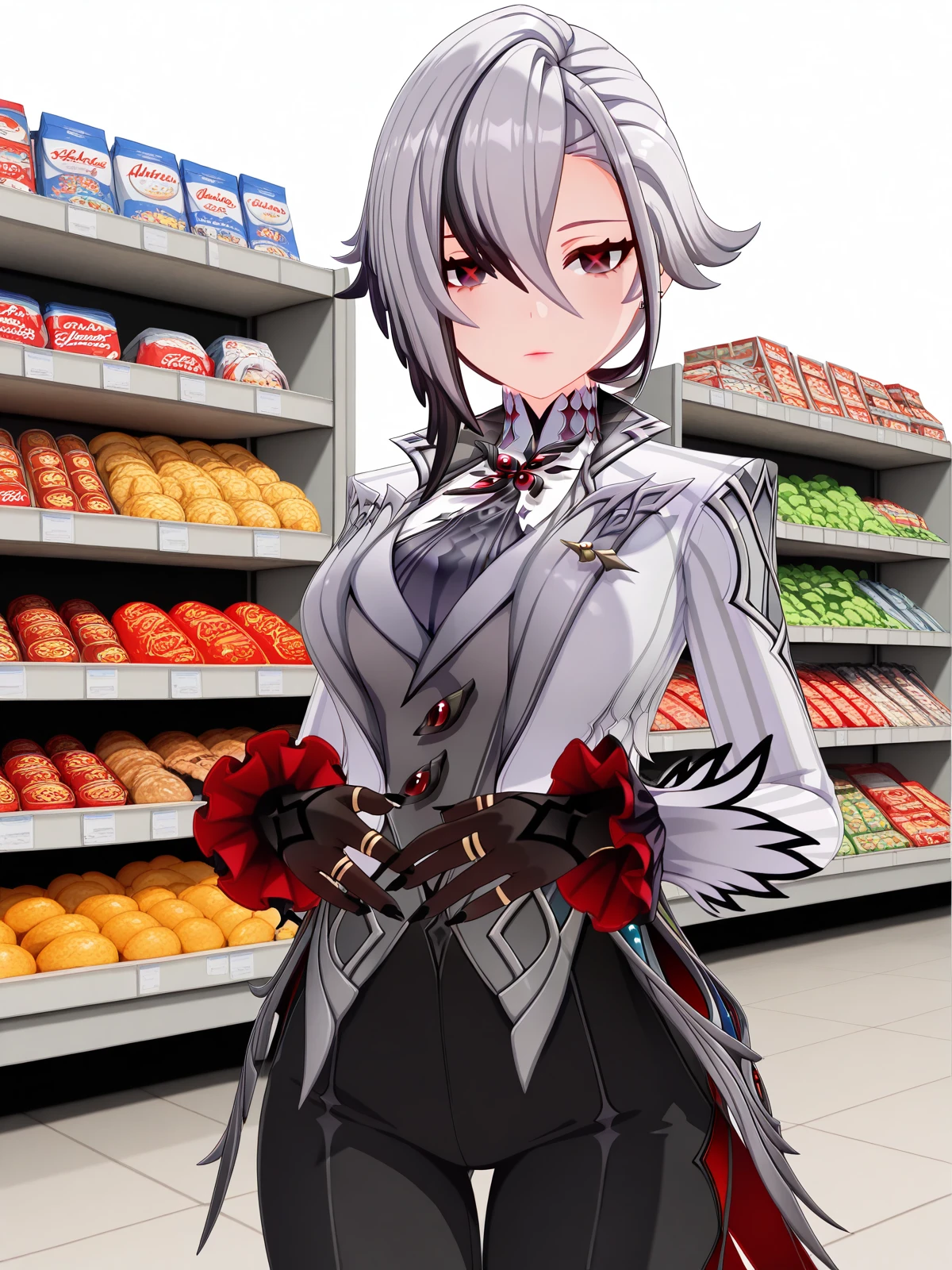 masterpiece, best quality, amazing quality,, <lora:genshin-arlecchino-ingame-illustriousxl-lora-nochekaiser:1>, arlecchino, arlecchino (genshin impact), short hair, black hair, hair between eyes, white hair, grey hair, multicolored hair, black eyes, two-tone hair, streaked hair, symbol-shaped pupils, red pupils, x-shaped pupils, mature female, large breasts, 3d, long sleeves, gloves, jacket, black gloves, pants, coat, black pants, suit,, hands on stomach, blush,, supermarket, aisles, shopping, food, shelves, cowboy shot, solo, looking at viewer, <lora:transparent-background-illustriousxl-lora-nochekaiser:1>, transparent background, simple background, white background