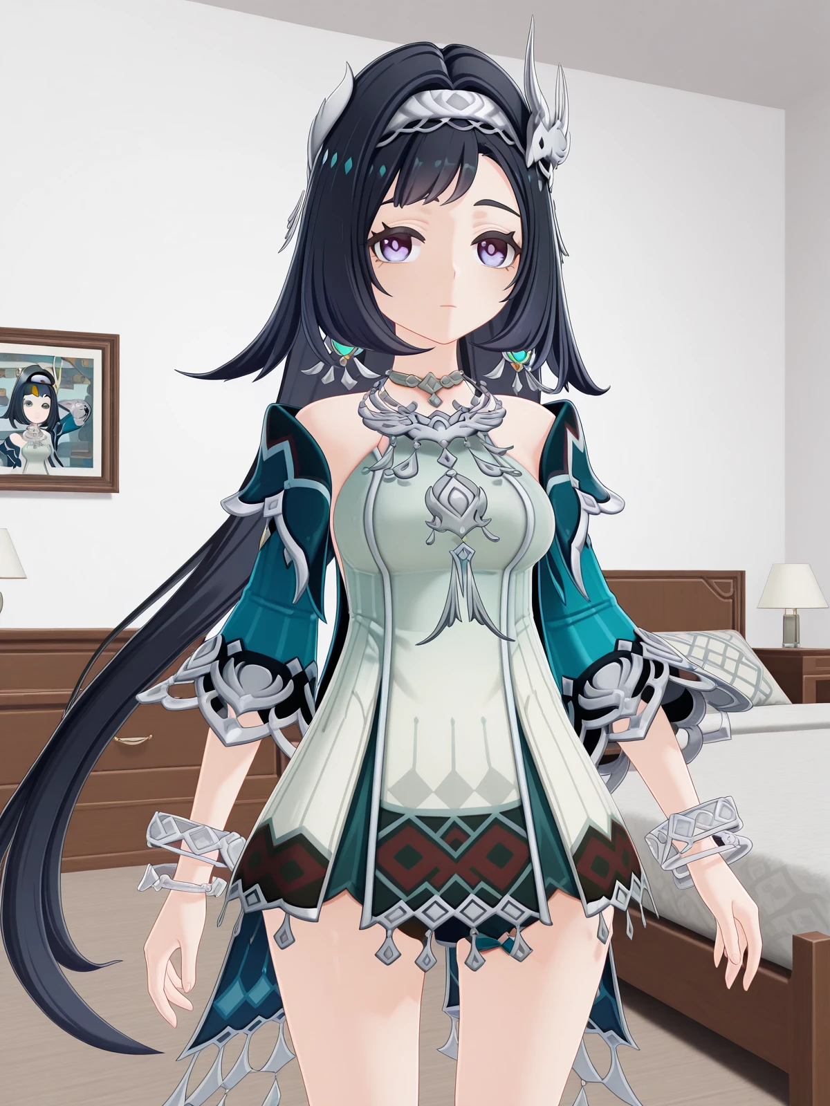 masterpiece, best quality, amazing quality,, <lora:genshin-lan-yan-ingame-illustriousxl-lora-nochekaiser:1>, lan yan, lan yan (genshin impact), long hair, black hair, hair ornament, purple eyes, hairband, mature female, medium breasts, 3d, skirt, dress, jewelry, jacket, white dress, necklace, bracelet, bracelet, hand behind head, , hotel, rooms, lobby, guests, beds, cowboy shot, solo, looking at viewer, <lora:transparent-background-illustriousxl-lora-nochekaiser:1>, transparent background, simple background, white background