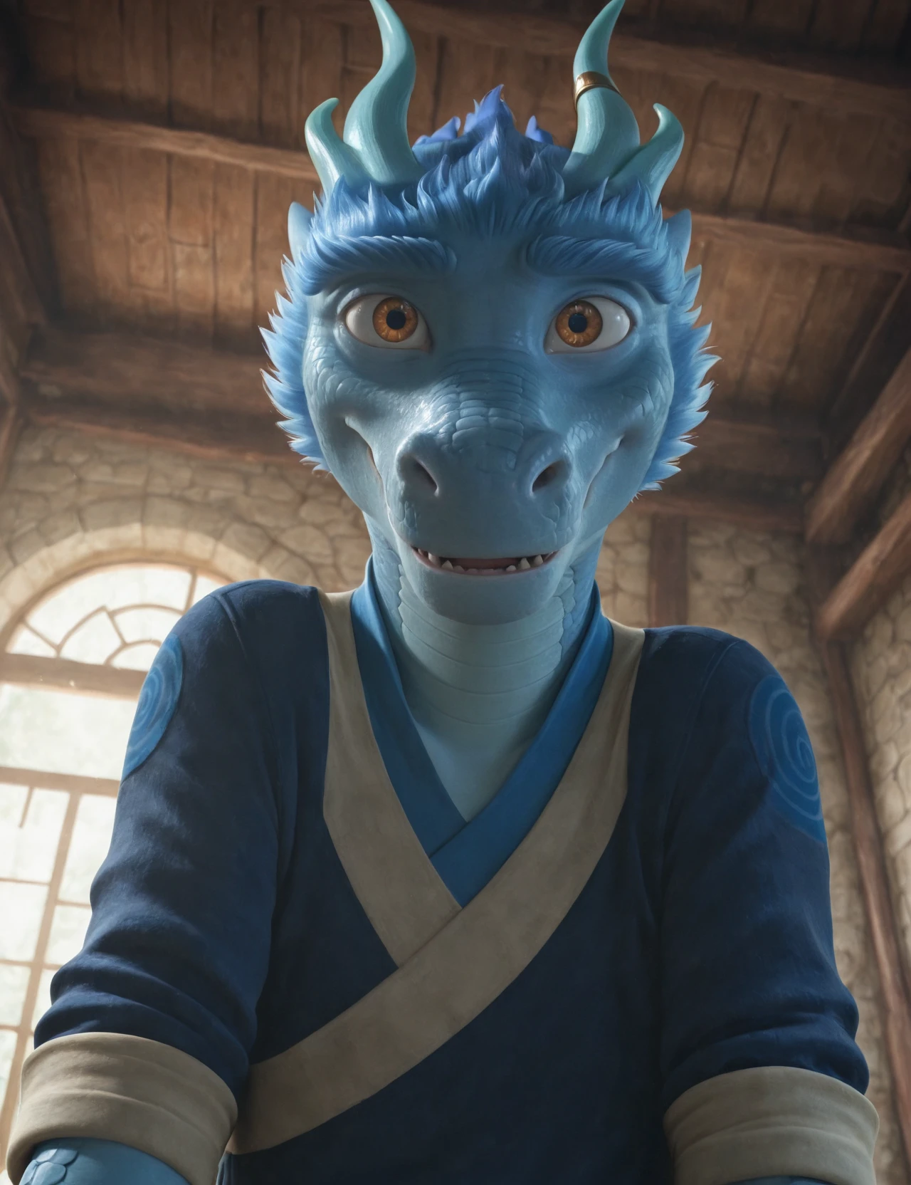 masterpiece,best quality,amazing quality, realistic, photorealistic, 1boy, solo, h3i, solo, anthro, male, dragon, horn, hair, scalie, scales, looking at viewer, cute expression, nervous smile, clothing,low angle, detailed background, <lora:h3i_IL:0.8>, <lora:zerofox1000 style (Illustrious):1>