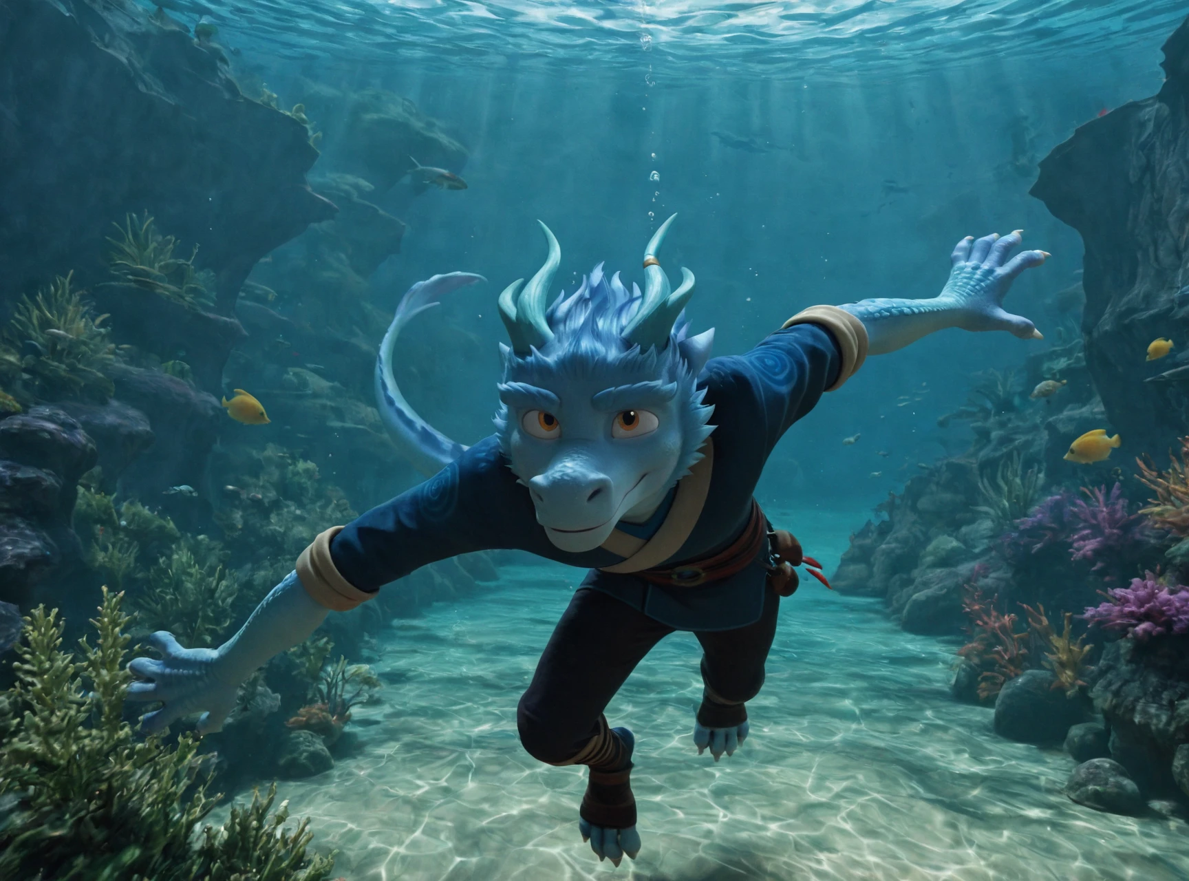 masterpiece,best quality,amazing quality, 1boy, solo, h3i, solo, anthro, male, dragon, horn, hair, scalie, scales, clothing, mammal,underwater, current, open water, forced perspective, horizontal swimming,legs together, arms at sides,looking up, tropical fish, smile, claws, toeless footwear, crepuscular rays, chromatic aberration, digital artwork, <lora:h3i_IL:0.9>
