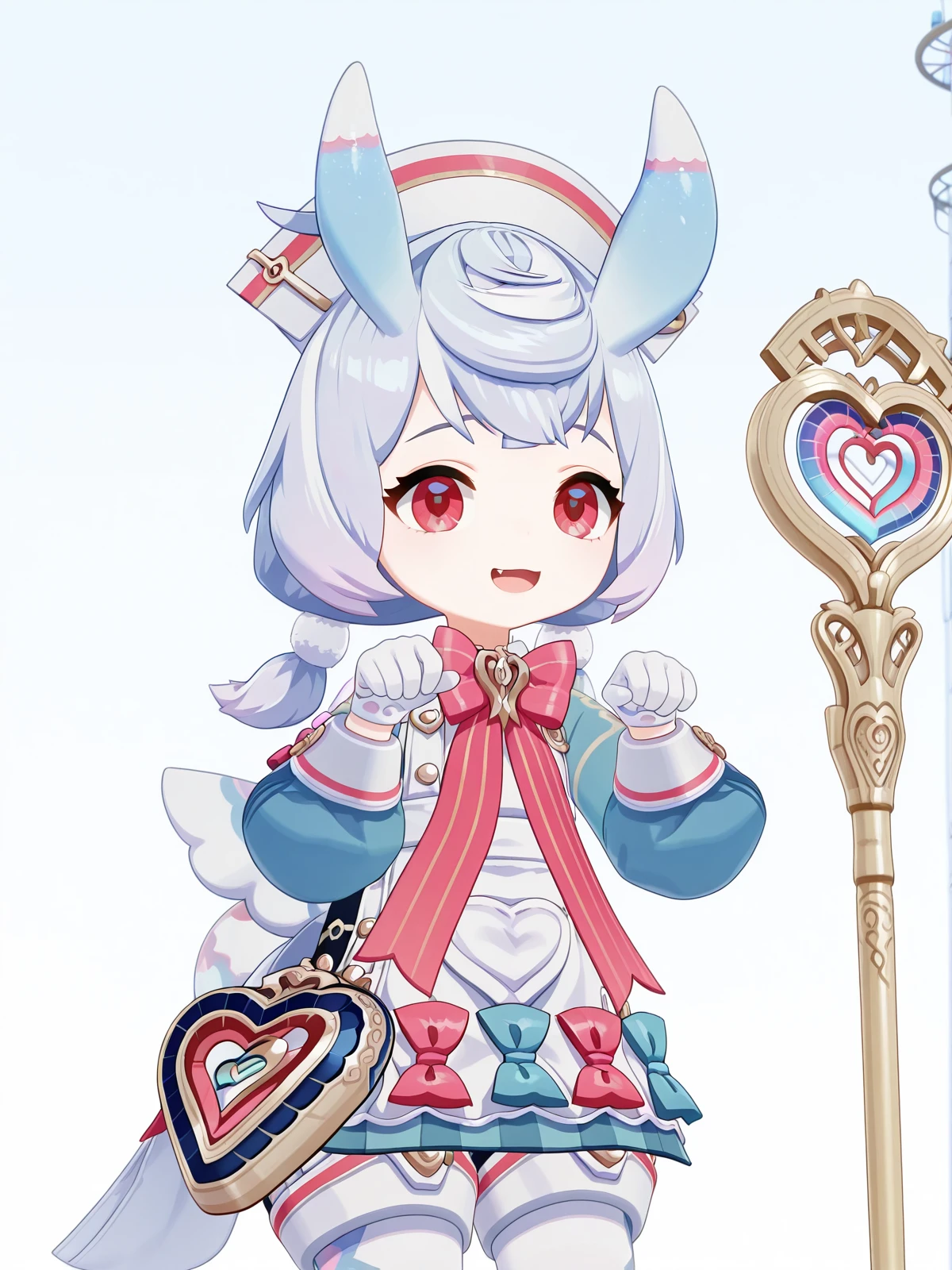 masterpiece, best quality, amazing quality,, <lora:genshin-sigewinne-ingame-illustriousxl-lora-nochekaiser:1>, sigewinne, hair ornament, red eyes, animal ears, twintails, blue hair, purple hair, multicolored hair, gradient hair, low twintails, short twintails, pom pom hair ornament, 3d, long sleeves, gloves, dress, hat, bow, pantyhose, puffy sleeves, white gloves, bowtie, apron, blue dress, white headwear, pink bow, white apron, white pantyhose, pom pom (clothes), nurse cap, pink bowtie, aqua dress,, <lora:paw-pose-illustriousxl-lora-nochekaiser:1>, paw pose, cat ears, cat tail, animal ears, tail, cat girl, open mouth, fang, whiskers, smile, cowboy shot, hands up,, control tower, high, air_traffic, windows, staff, cowboy shot, solo, looking at viewer,