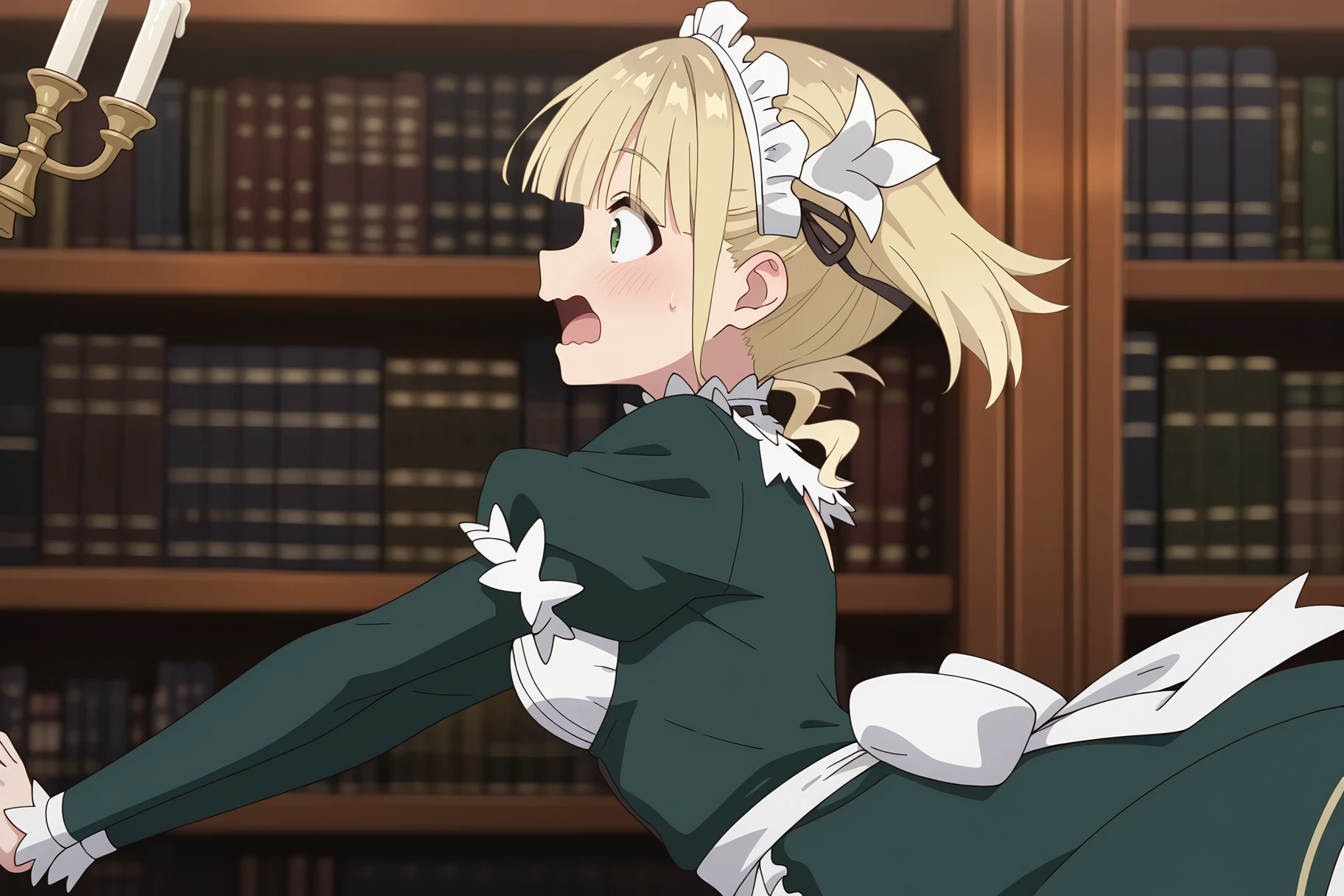 masterpiece, best quality, absurdres, very aesthetic, general, BREAK
A girl is walking while carrying an extinguished candlestick. She trips and throws the candlestick away. She looks surprised. BREAK
ellie walker, blonde hair, 1girl, green eyes, open mouth, solo, maid, blush, short hair, profile, from side, long sleeves, eyebrows visible through hair, twintails, blurry background, sweat, black ribbon, puffy sleeves, upper body, green dress, maid apron, blunt bangs, sidelocks, surprised, hug, bookshelf, wavy mouth, depth of field, sweatdrop, wavy hair, long hair, indoors, short twintails, juliet sleeves, frills, enmaided, medium hair, white apron, leaning forward, plate, wide-eyed, headdress, sideways mouth, eyes visible through hair, tongue, library, falling, tripping, frilled apron, back bow, , waist apron, candle, hair ribbon, hair flower, maid headdress,
<lora:ellie_walker_illustXL_locon_v1:0.8>