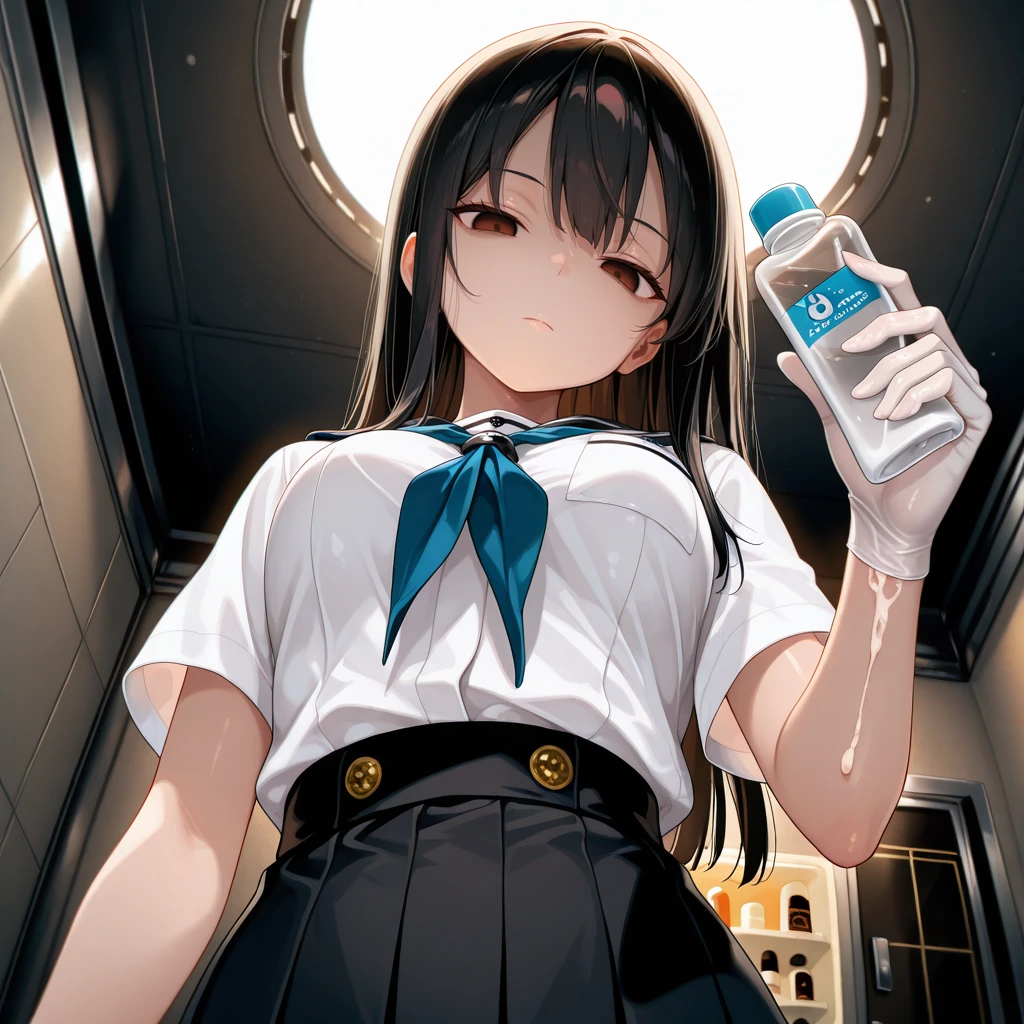 <lora:medicalgloves_il_v1-000020:1>,medicalgloves, upper body, 1girl, standing, from below, looking down, rubber gloves, (white gloves), expressionless, looking at viewer, expressionless, empty eyes, (frown,disgust:0.5), half-closed eyes,
black hair, long hair, brown eyes, medium breasts, school uniform, white shirt, black skirt,lotion bottle,holding bottle,cylindrical, transparent bottle,dome-shaped lid,
hotel room, dark room,, masterpiece,best quality,amazing quality,