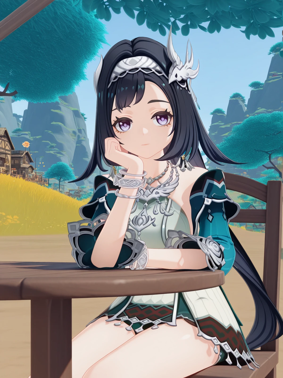 masterpiece, best quality, amazing quality,, <lora:genshin-lan-yan-ingame-illustriousxl-lora-nochekaiser:1>, lan yan, lan yan (genshin impact), long hair, black hair, hair ornament, purple eyes, hairband, mature female, medium breasts, 3d, skirt, dress, jewelry, jacket, white dress, necklace, bracelet, bracelet, sitting, head rest, table,, bike ride, countryside, dirt road, trees, afternoon sun, peaceful, alone, cowboy shot, solo, looking at viewer,