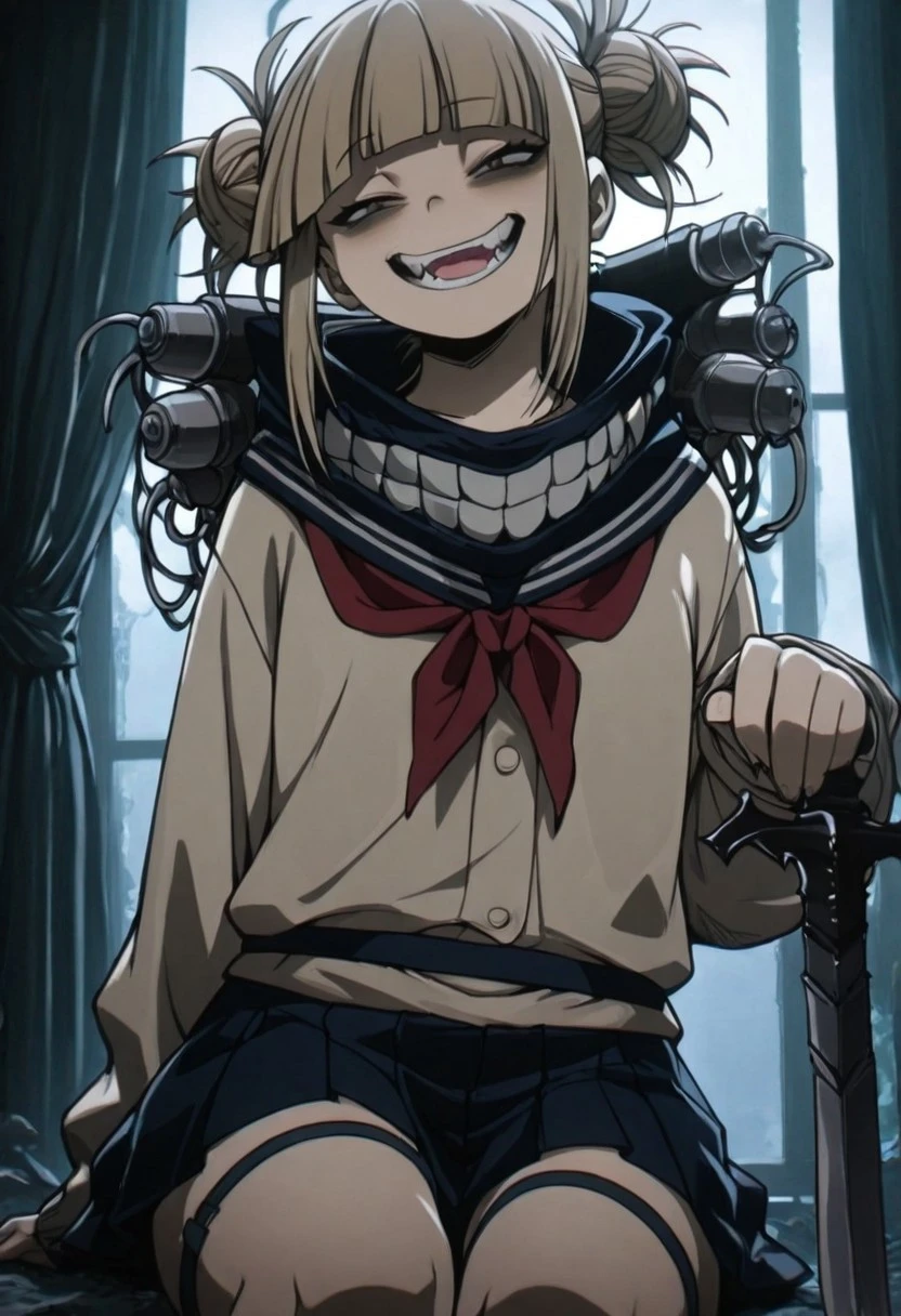 masterpiece, best quality, highres, gothic style, dark atmosphere, dark fantasy, hmiko toga, blonde, blunt bangs, curtain bangs, side bangs, petite, schollar uniform, double bun