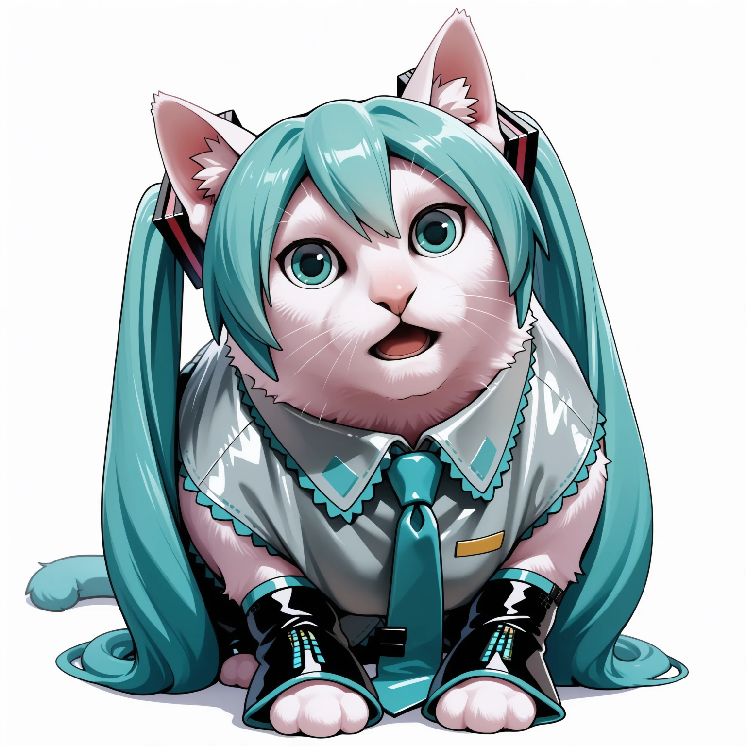 animalization, cat, hatsune miku, white background, clothed animal, simple background, looking at viewer, open mouth, <lora:huh_cat-000008:1>