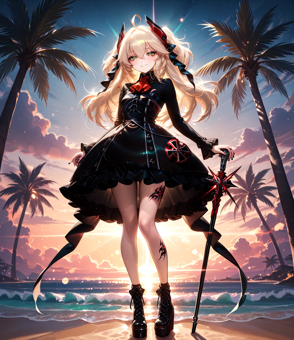 masterpiece, best quality, anime, BREAK 1girl, solo, large breasts, looking at viewer,frontal view, full body,dancing, palm tree,seductive smile,
beach,
<lora:Dramatic Lighting Slider:6> <lora:RealisticAnimeIXL:0.5> bokeh, luminescent background, <lora:Tyber_Hipper Meta_AL_NOOB:1> HipperMETA, long hair, blonde hair, two-side up, hair between eyes, ahoge, green eyes, red pupils, bags under eyes, tsundere, small breasts, headgear, black collared shirt, long sleeves, red ascot, black sleeveless dress, frilled dress, short dress, chest strap, black nails, iron cross, ankle strap, black lace-up platform boots, black dress, leg tattoo, holding cane, cane,